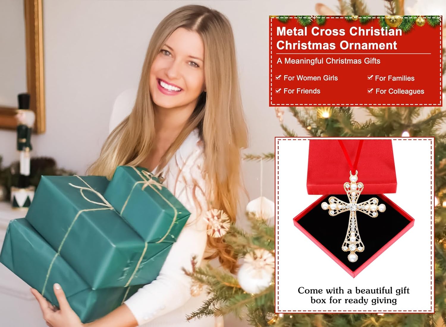 WhatSign Cruz de Navidad de metal, adornos de Navidad cristiana, adorno de cruz sagrada para árbol de Navidad, cruz religiosa, adorno de árbol de