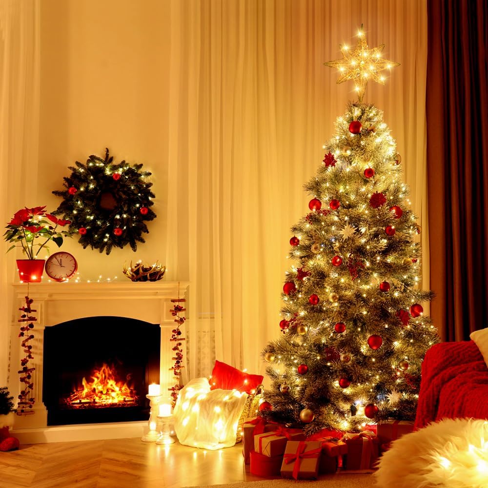 DULEFUN Decoración para árbol de Navidad iluminada de 13.5 pulgadas con 20 luces LED, adorno para árbol de Navidad para Año Nuevo, vacaciones,