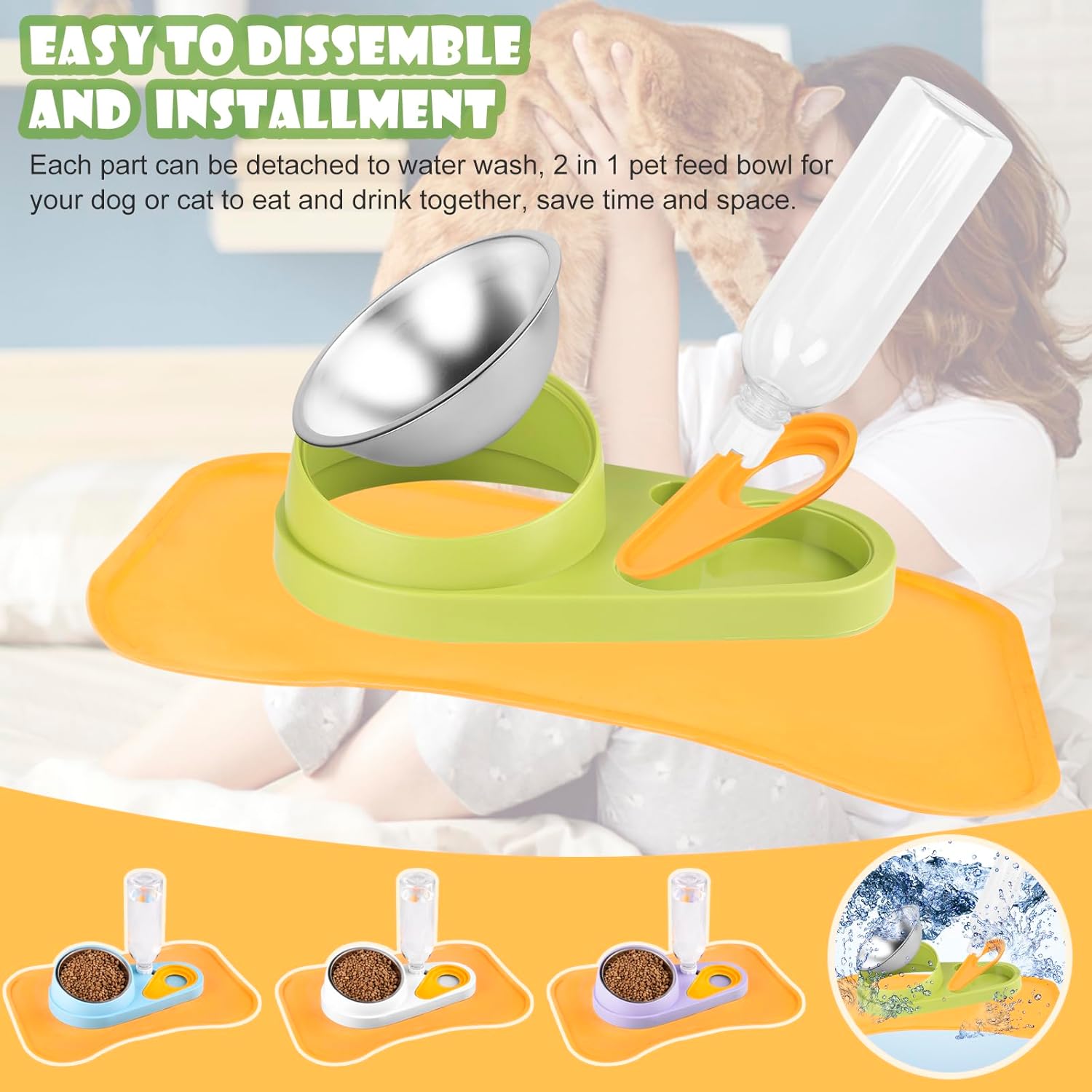 Juego de alimentador de alimentos y dispensador de agua para mascotas, cuencos elevados 2 en 1 con tapete impermeable para alimentación, dispensador