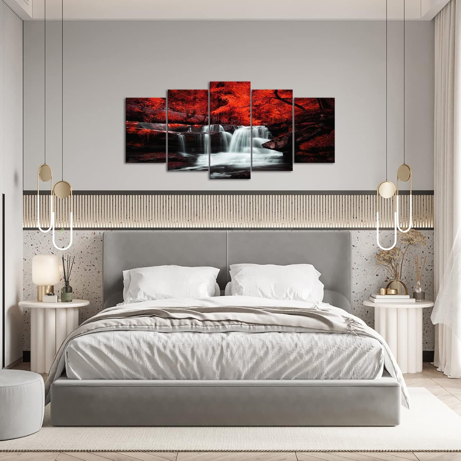 LevvArts Arte de pared blanco y negro, 5 piezas de bosque de árbol rojo, cascada, lienzo impreso en lienzo de otoño pinturas de paisaje enmarcadas