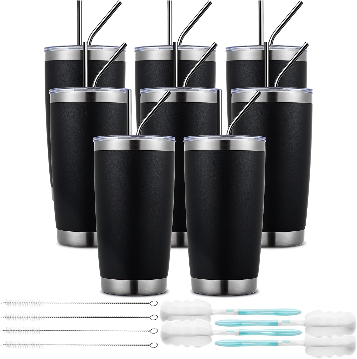 COKTIK – Paquete de 8 vasos de 20 onzas con tapa y popote, cepillo, aislamiento al vacío con doble pared de acero inoxidable, térmico para bebidas