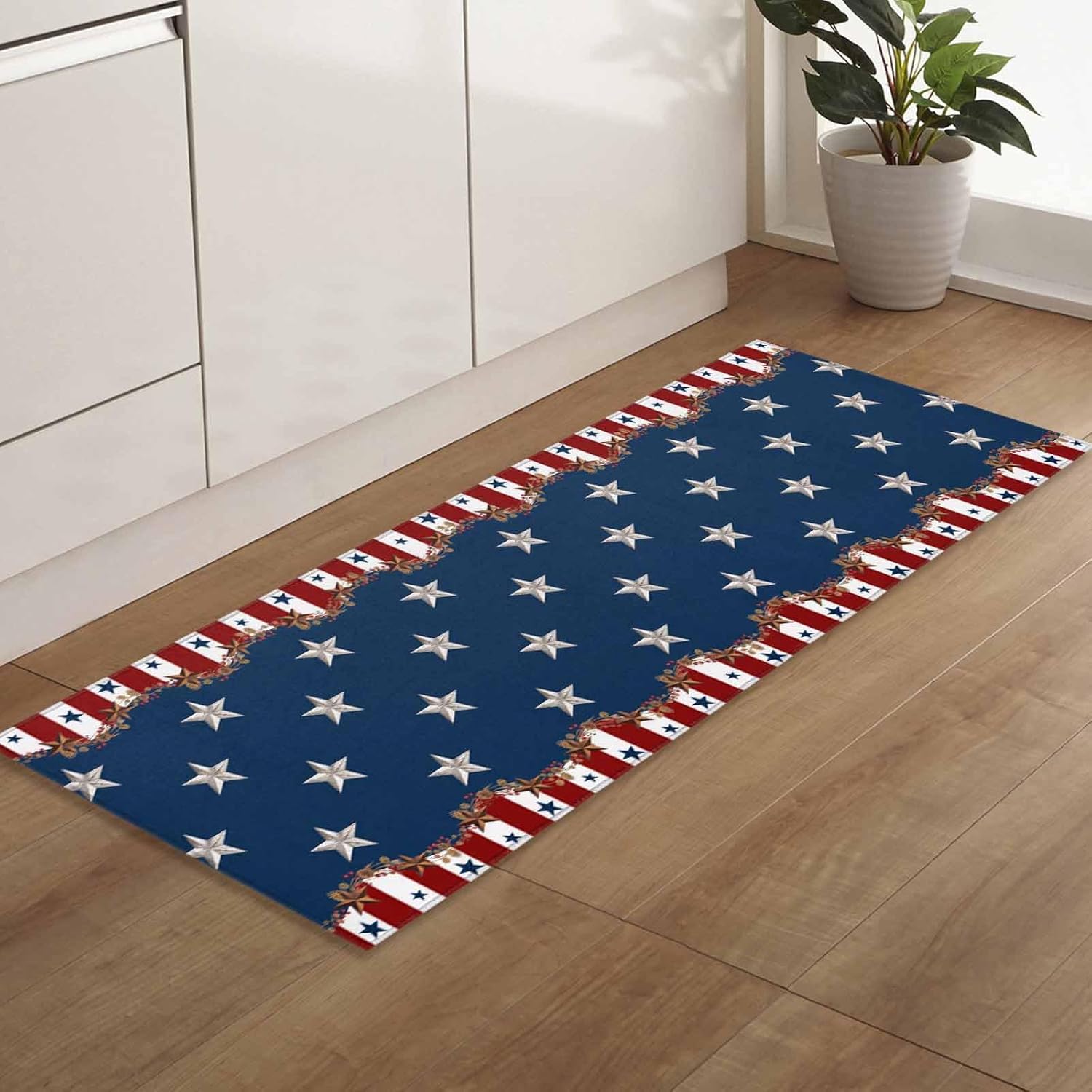 T&H XHome Alfombras y tapetes de cocina para el 4 de julio, Día de la Independencia, bandera de Estados Unidos azul y rojo, estrellas vintage con