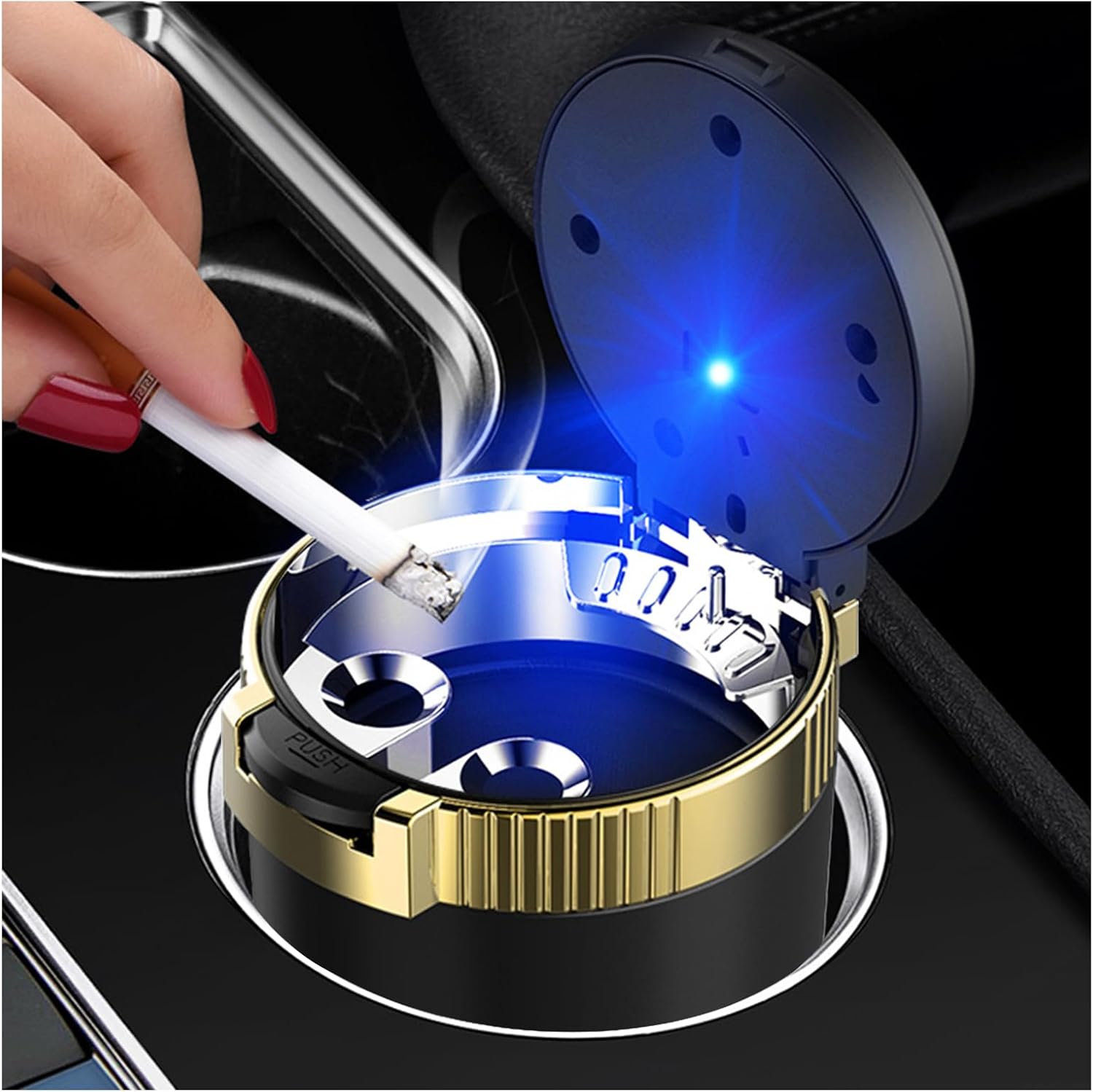Cenicero para automóvil con tapa, cenicero portátil y desmontable sin humo, mini cubo de basura de acero inoxidable para vehículo con luz LED azul,
