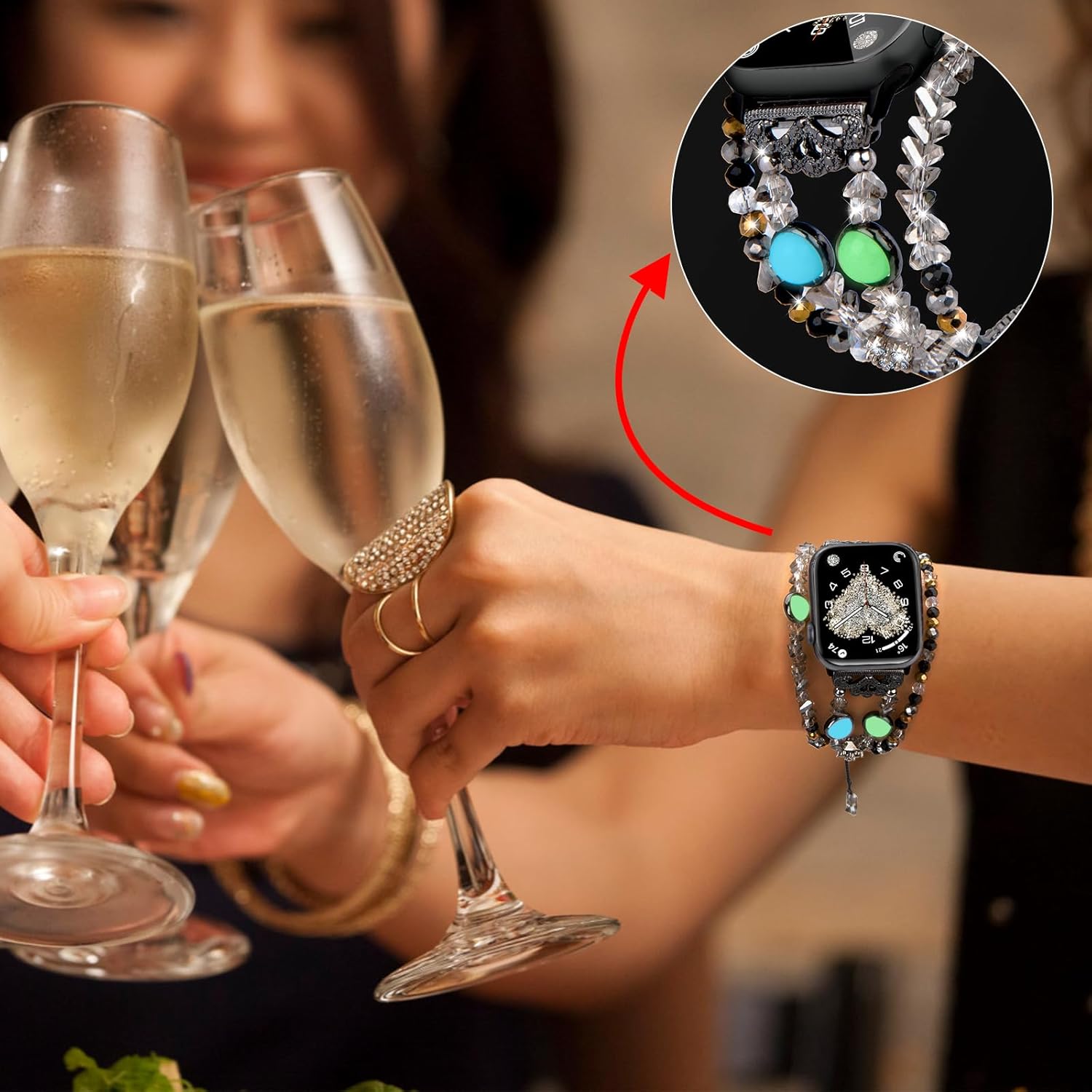 TOMAZON Correa luminosa de perlas compatible con Apple Watch de 1.496 in, 1.575 in, 1.614 in, 1.654 in, 1.732 in, 1.772 in, pulsera elegante de