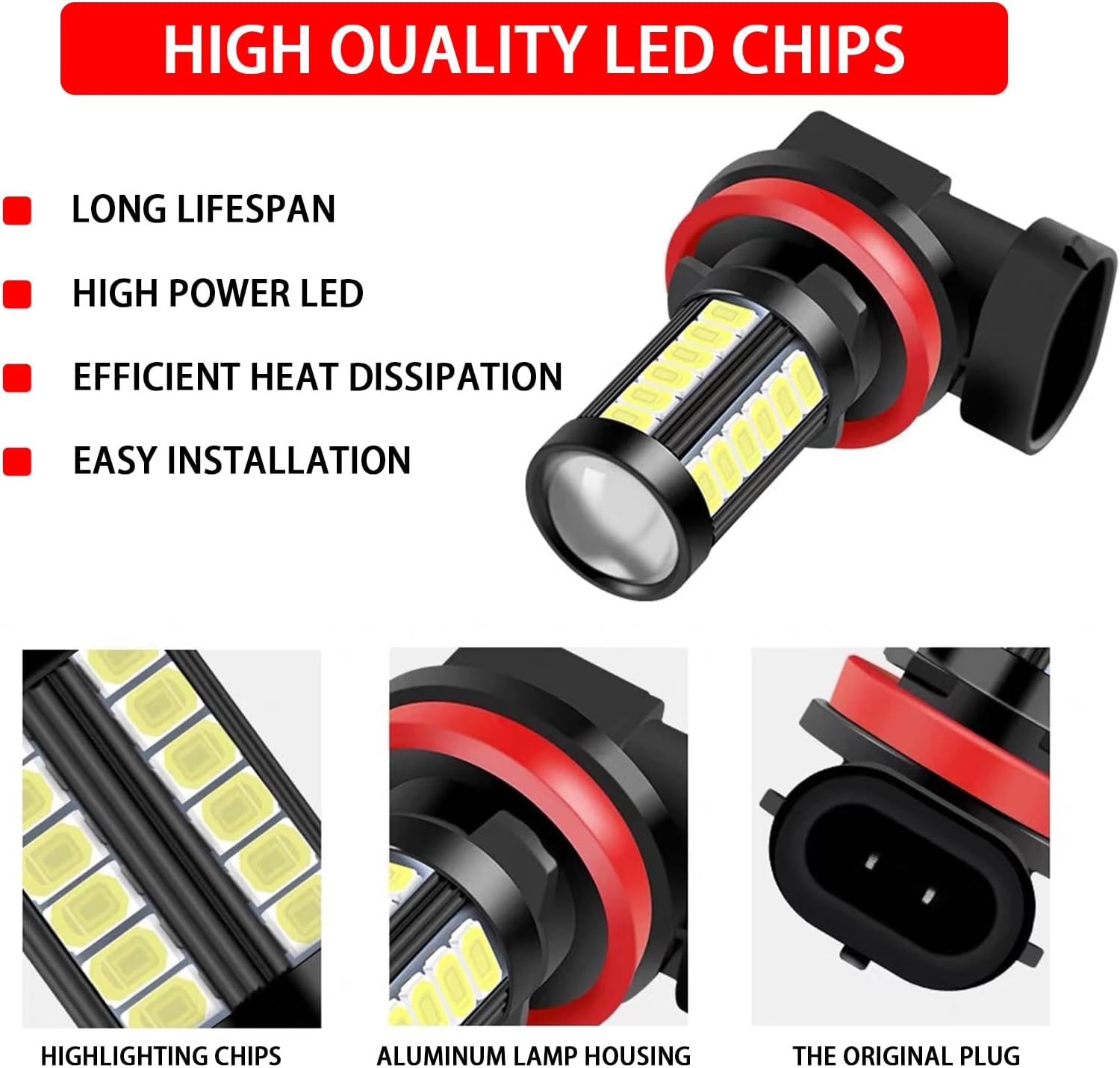 qboonpt Bombillas LED H11 antiniebla para faros delanteros, 6500 K, xenón blanco, 2800 lúmenes, bombilla de luz diurna súper brillante, 5730 chips