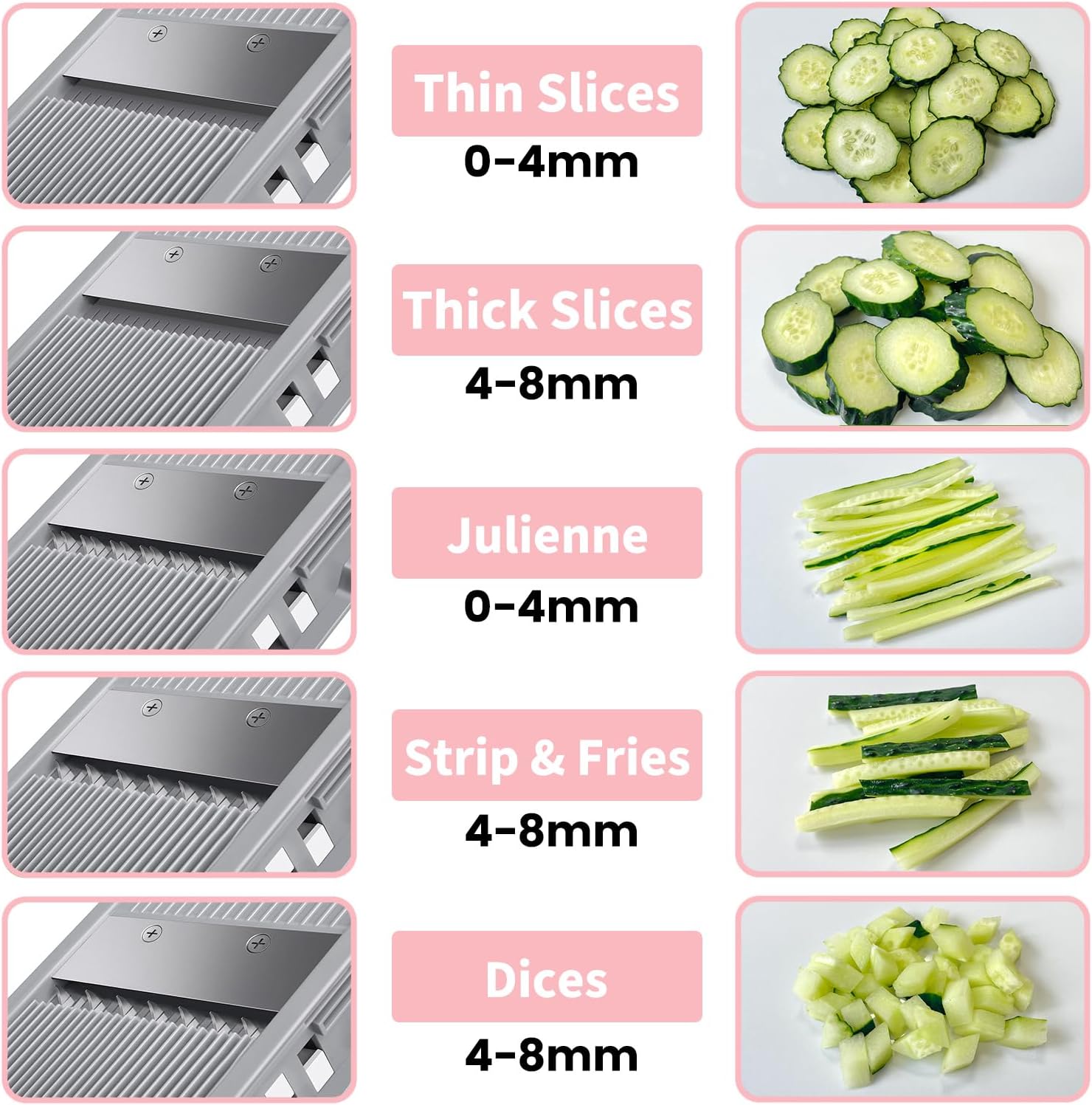 Jonscook Cortador de alimentos con mandolina segura para cocina, picadora de verduras con grosor ajustable, cortador de verduras multifuncional,