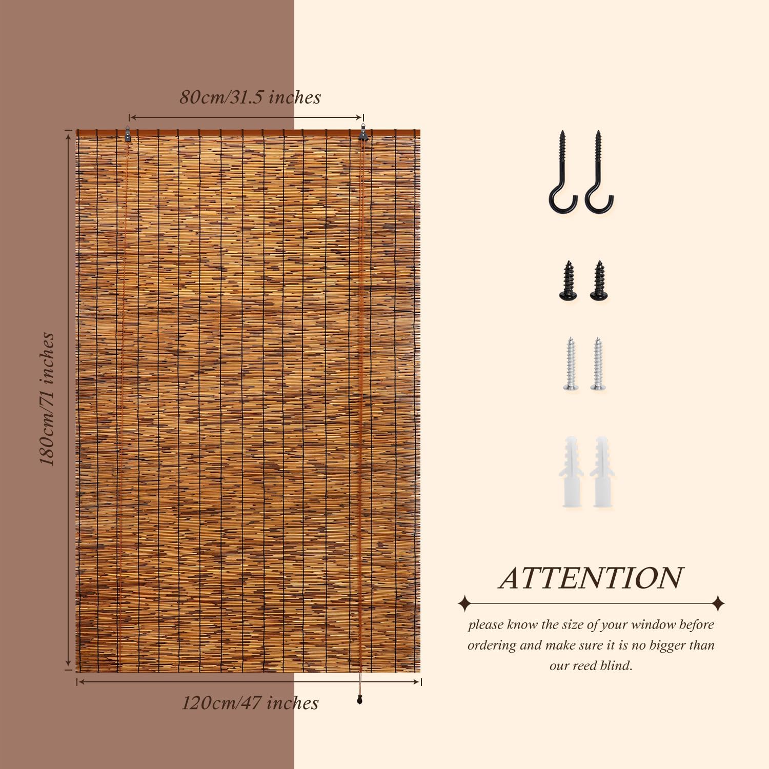 Persianas de bambú, paquete de 2 persianas enrollables de bambú retro de 47 pulgadas de ancho x 71 pulgadas de alto para ventanas, persianas de caña