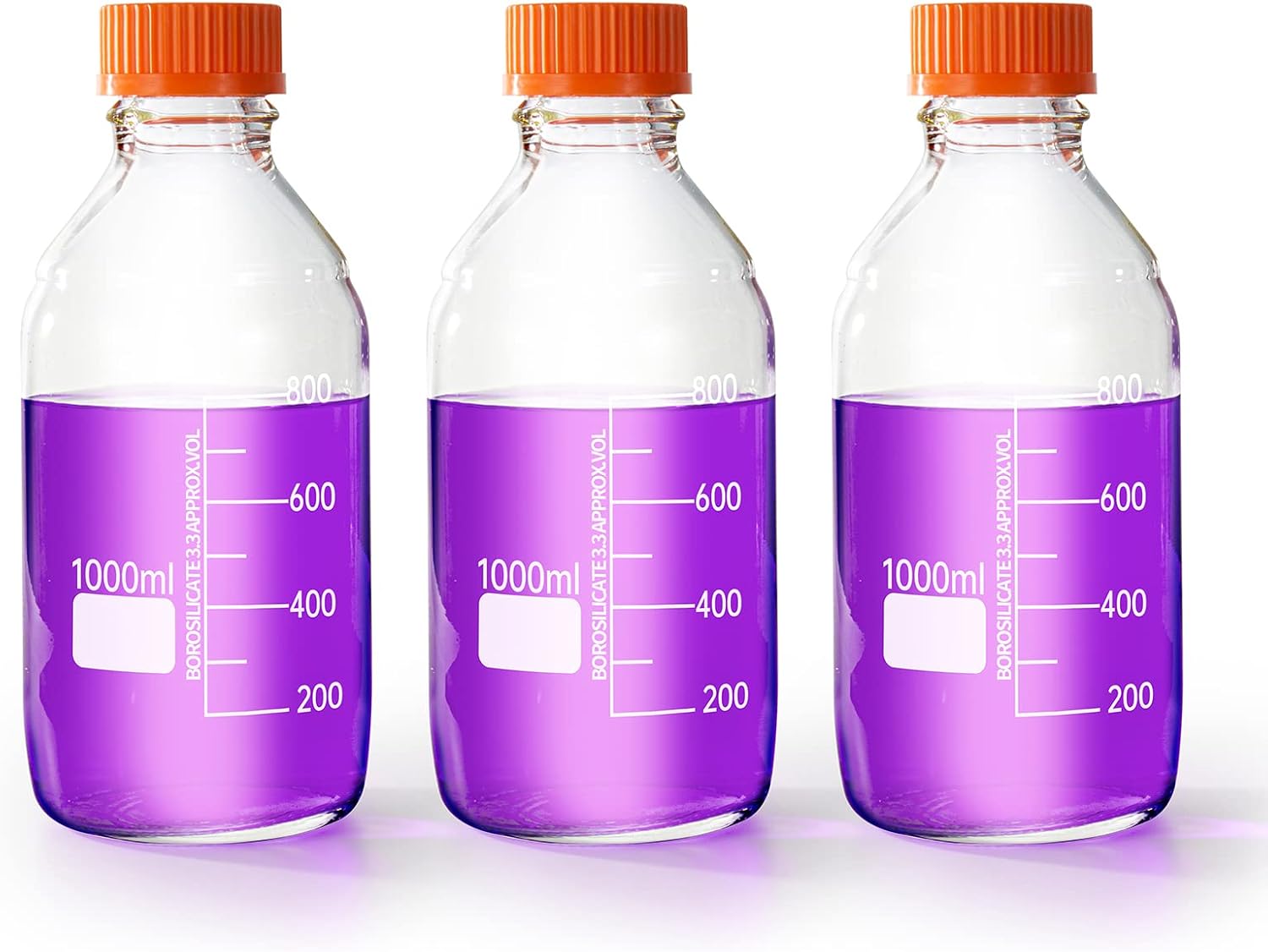 Botellas redondas de almacenamiento de medios de 33.8 fl oz con tapa de rosca GL45, vidrio de borosilicato, temperatura máxima 249.8 F, paquete de 3