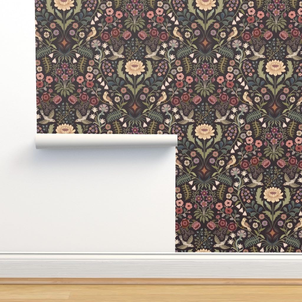 Spoonflower Muestro de papel tapiz extraíble  Arte tradicional floral folclórico pájaros, verde victoriano, color burdeos, papel tapiz prepegado