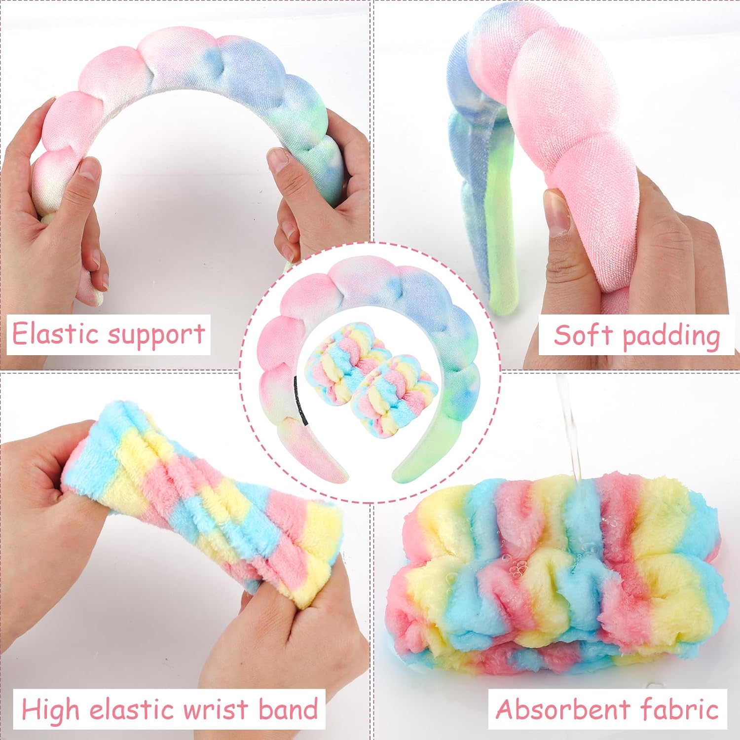 Zkptops Diadema de spa para lavar la cara, juego de esponja, maquillaje, cuidado de la piel, tela de terciopelo con burbujas, suave, para mujeres y