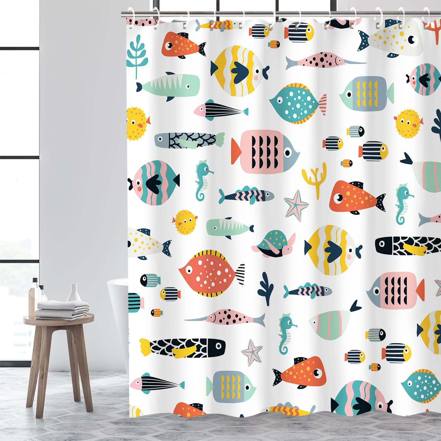 RosieLily Cortina de ducha con diseño de peces, cortina de ducha de dibujos animados, juego de cortina de ducha náutica con 12 ganchos, decoración