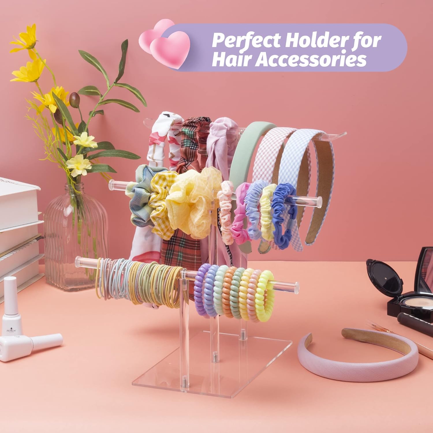 Acrylic Headband Holder Organizer Storage, 3-Tier Clear Scrunchie Holder Stand Hair Accessories Organizer Hair Tie Display Headband Stand for Women