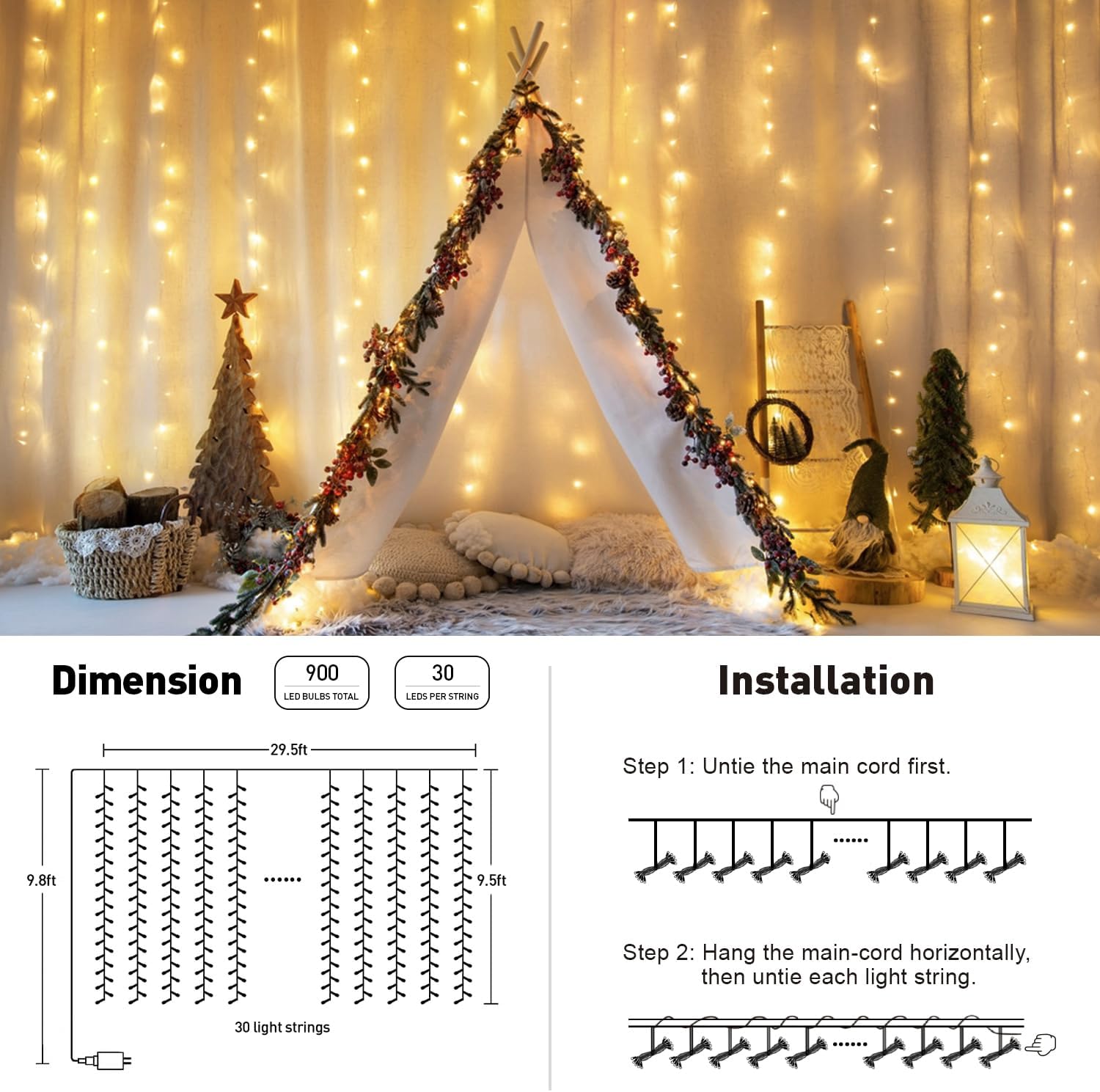 JMEXSUSS 900 luces LED de cortina de Navidad para exteriores, 9.5 x 29.5 pies, luces de Navidad enchufables con control remoto, luces colgantes de