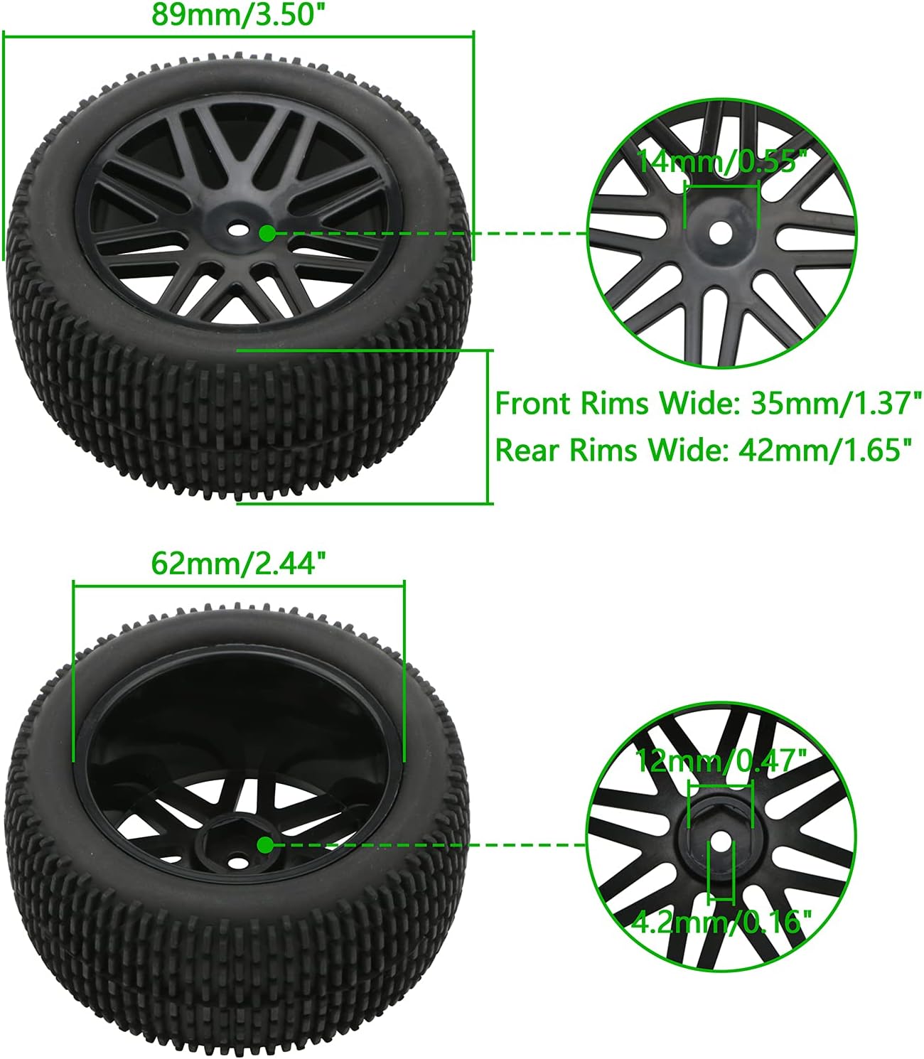 Paquete de 4 ruedas RC, 110 RC, neumáticos RC 110 todoterreno de goma y llanta HEX de 0.472 pulgadas, color negro con insertos de espuma para