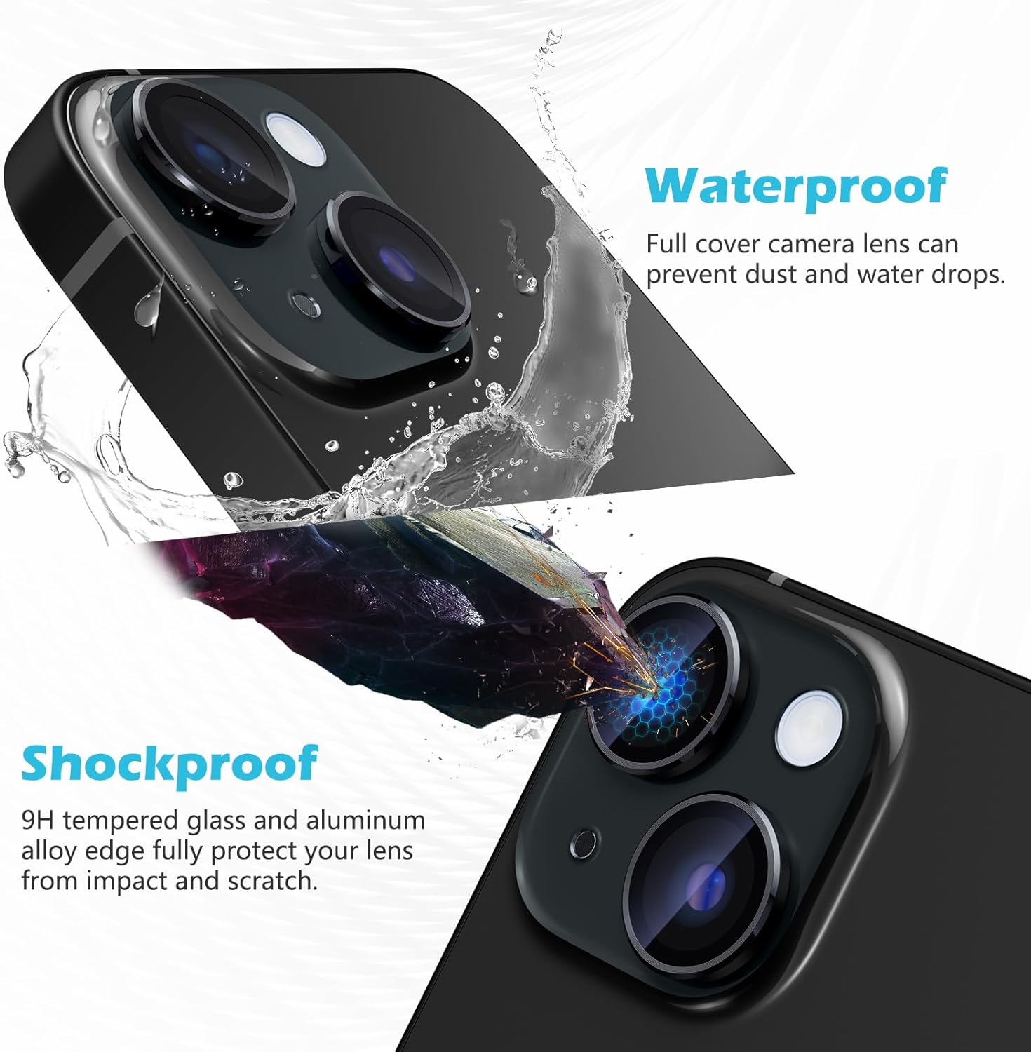 Paquete de 2 protectores de lente de cámara para iPhone 15iPhone 15 Plus, fuerte absorción Vidrio templado 9H y cubierta de lente de anillo