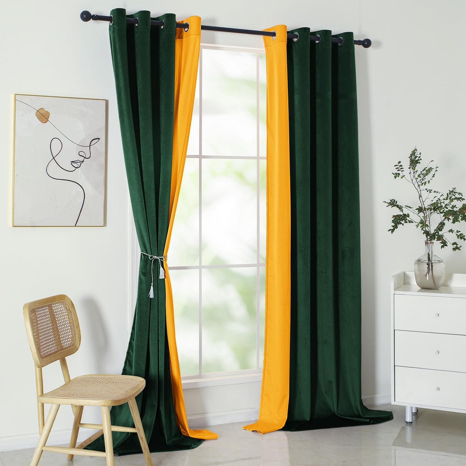 Cortinas de terciopelo para dormitorio, color verde y naranja, 52108 pulgadas, suaves, opacas, con aislamiento térmico, tratamiento de ventana para