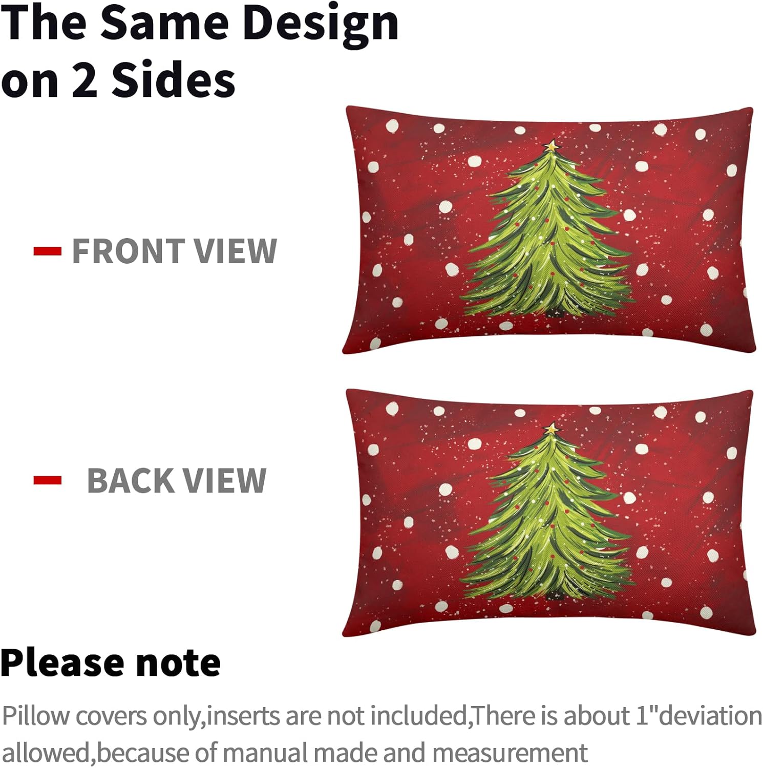 Juego de 2 fundas de almohada lumbares rojas de Navidad de 12 x 20 pulgadas, fundas de almohada rectangulares de árbol de acuarela de Navidad,