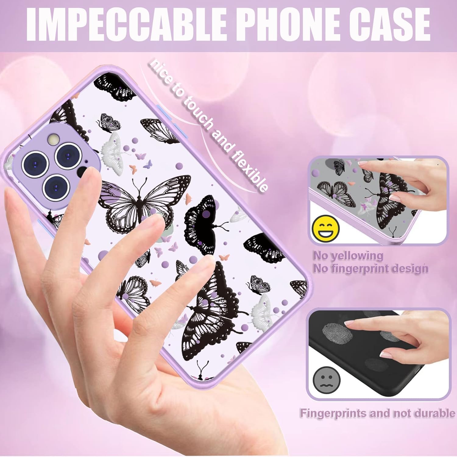 Funda para iPhone 13 Pro Max a la moda, diseño de mariposas negras para mujeres y niñas, estética, a prueba de golpes, cubierta protectora trasera