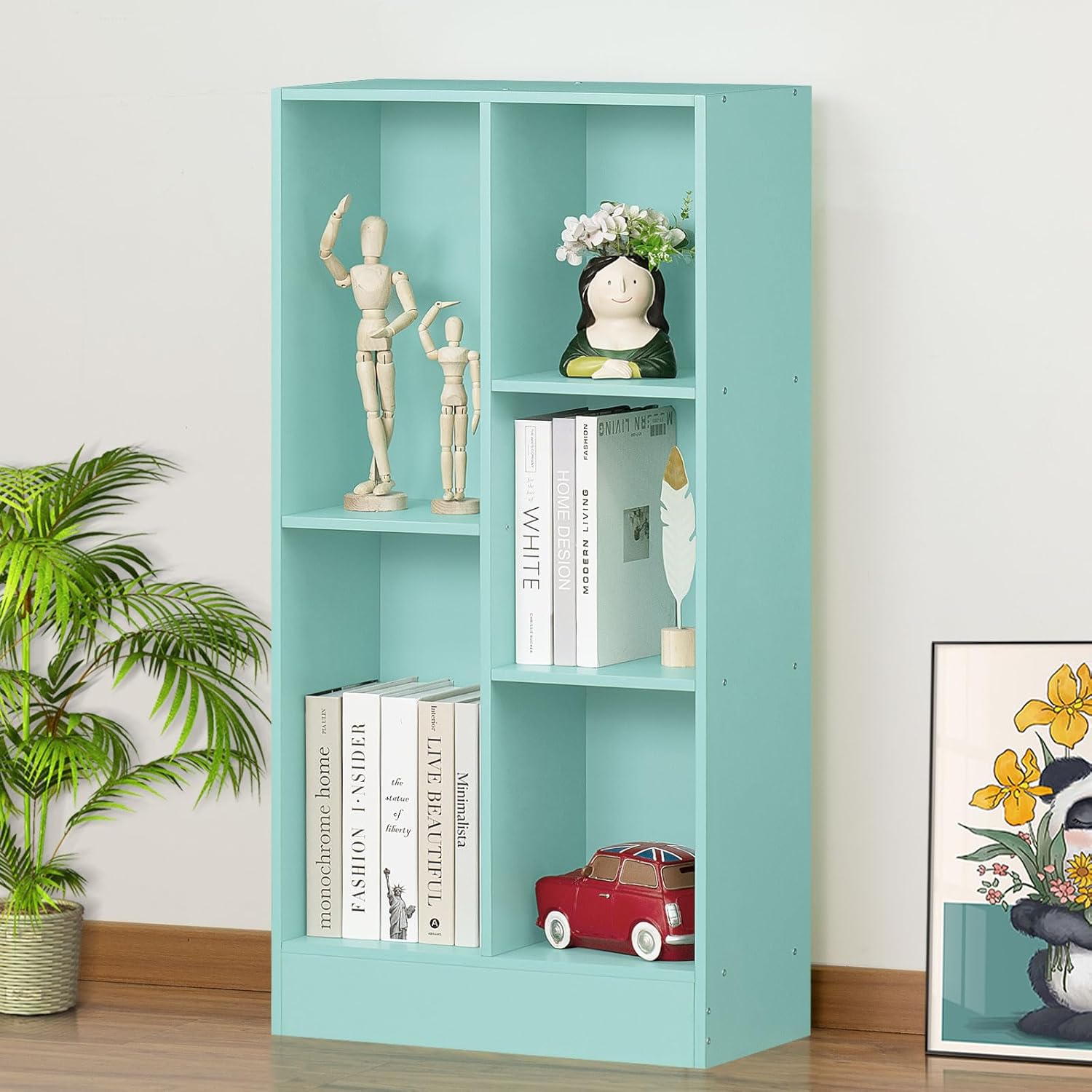 LEYAOYAO Estantería de 5 cubos con base, estantería moderna de 3 niveles verde menta para niños, estantes anchos de pie, estante organizador de