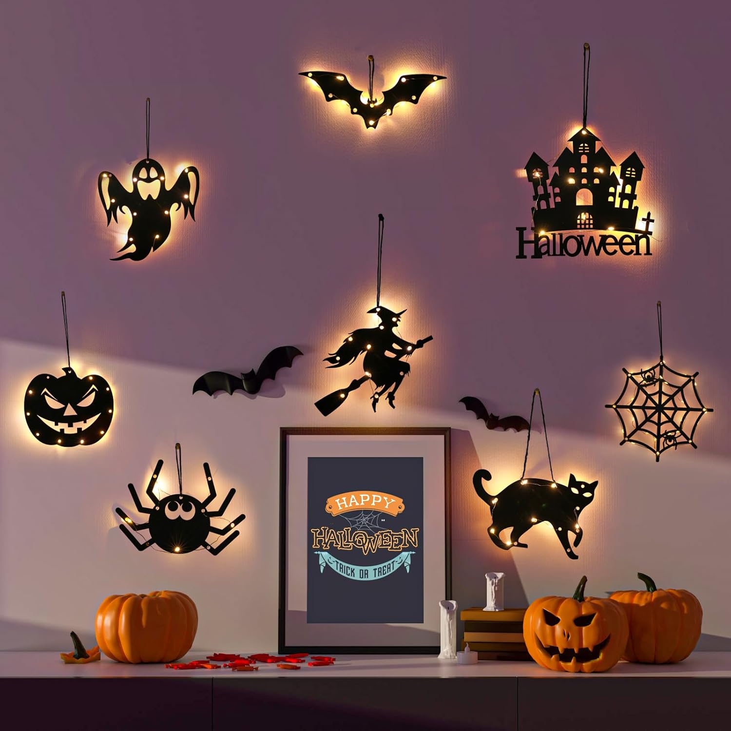 Rainhonor Decoraciones de Halloween, luces de calabaza de Halloween, para ventana, funciona con pilas, luces colgantes para ventana de interior,