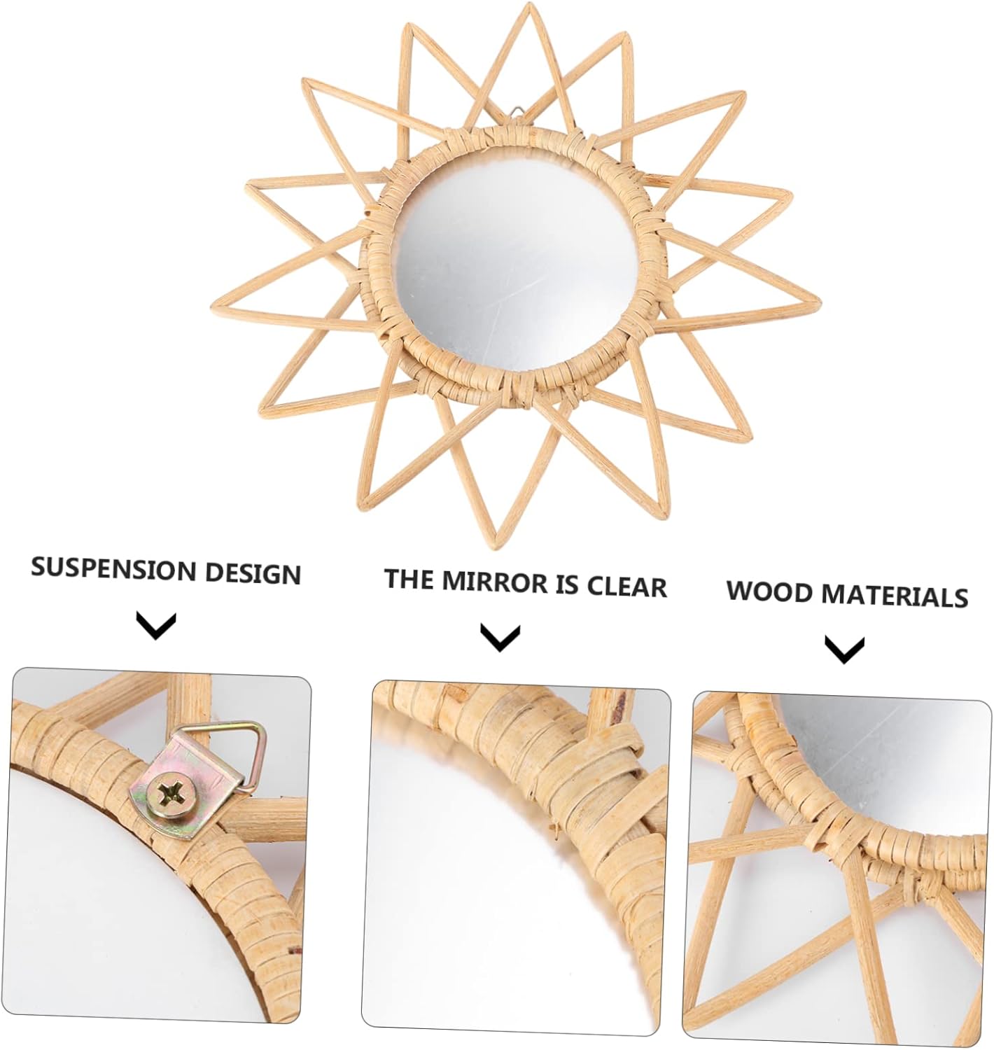Cabilock Espejo decorativo de ratán, decoración de arte innovadora, espejo redondo de mimbre, espejo tejido de ratán, espejo de pared de tocador
