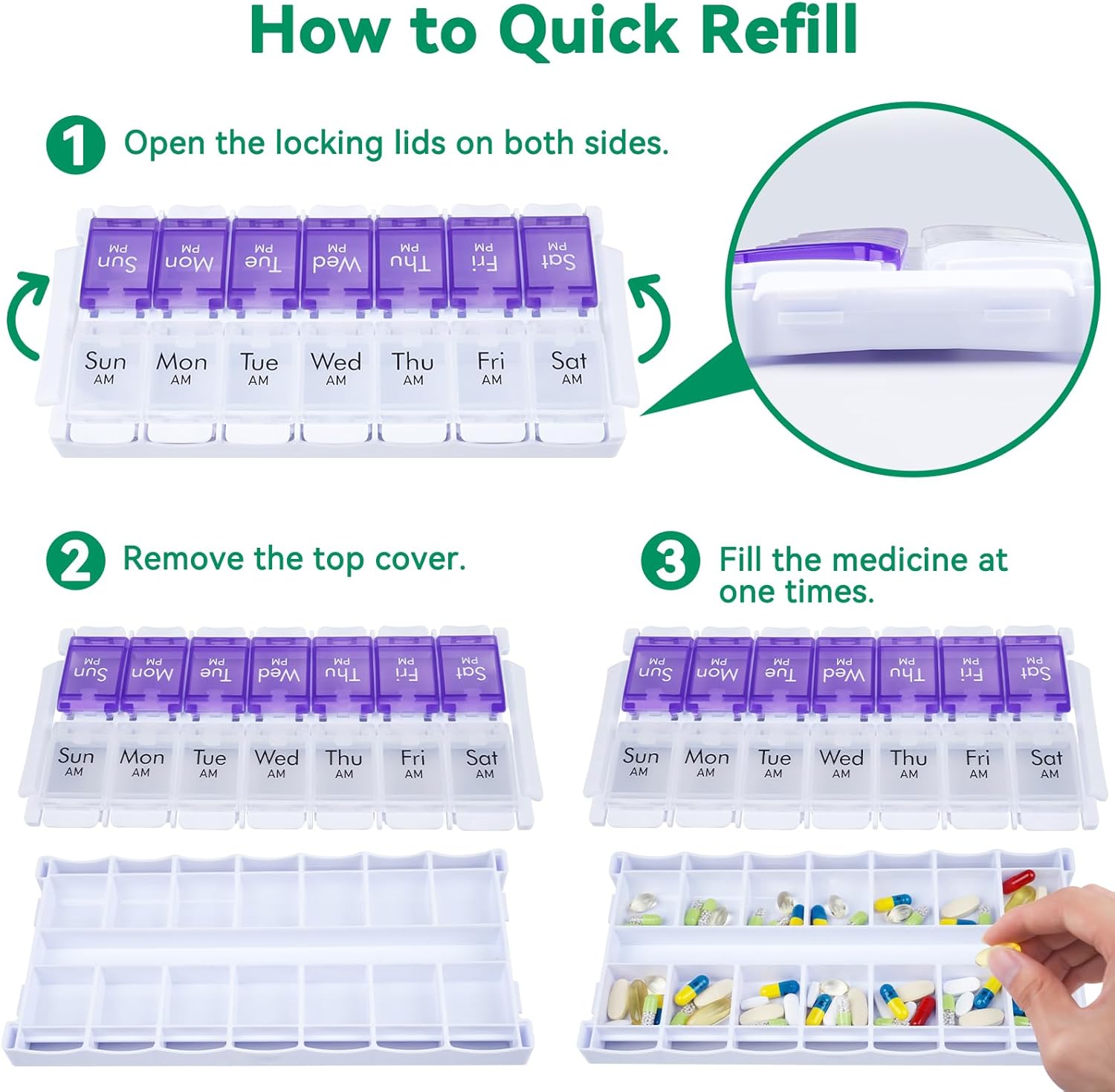 MERICARGO Organizador semanal de pastillas 2 veces al día, pastillero grande fácil de llenar 7 días, organizador de medicamentos Am Pm, pastillero