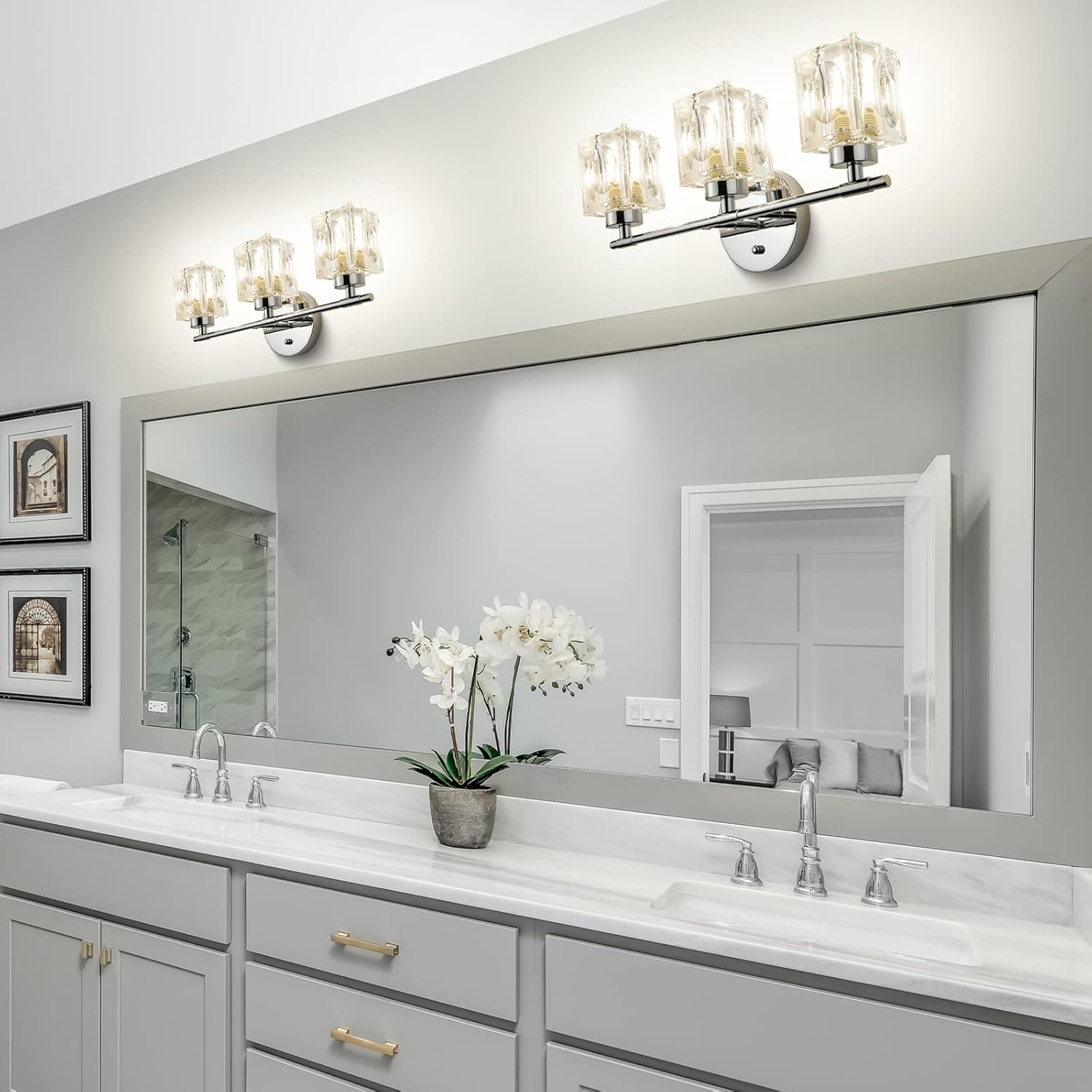 CT CAPETRONIX Lámparas de baño de 3 luces, luces de tocador de cristal de 16 pulgadas, lámpara cromada sobre espejo, para baño, dormitorio, sala de