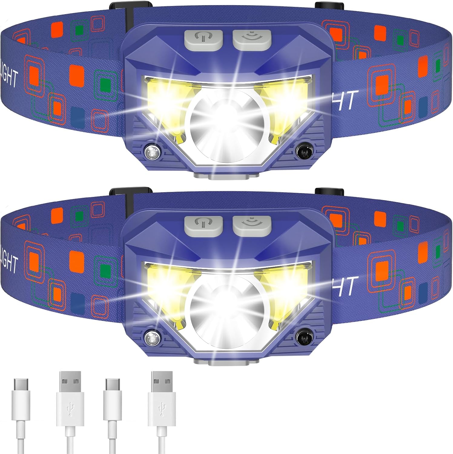 LHKNL Linterna de faro delantero, 1200 lúmenes, linterna LED brillante recargable con luz blanca y roja, paquete de 2 lámparas de cabeza