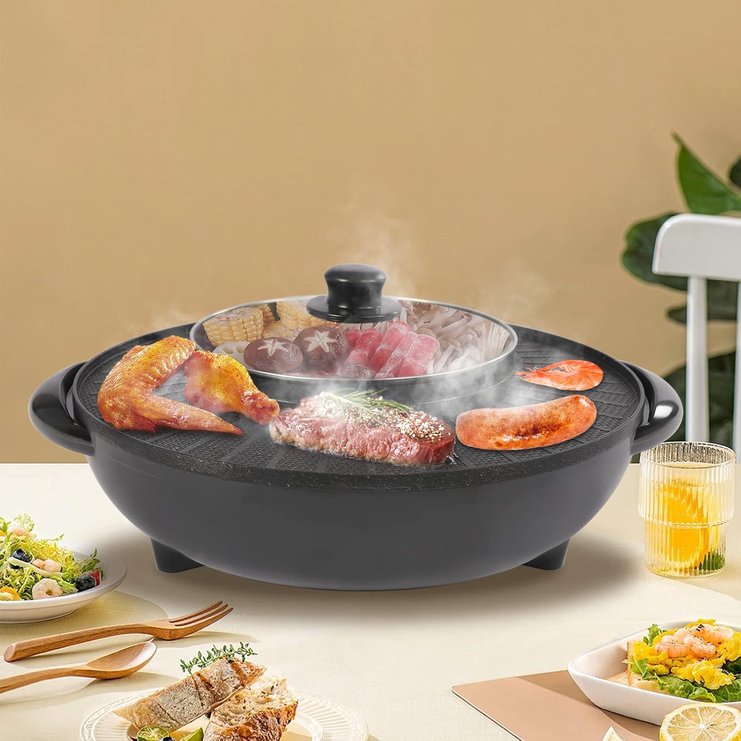 Olla caliente con parrilla 2 en 1, parrilla portátil multifuncional sin humo, combo de parrilla eléctrica para interiores, capacidad para 3-5