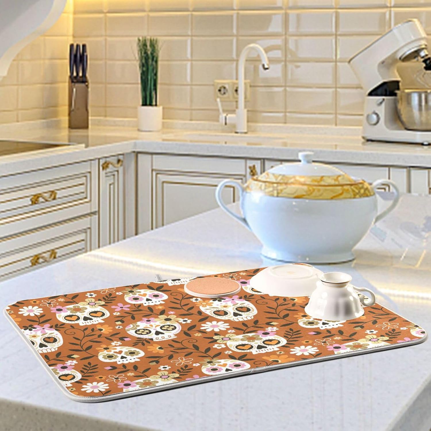 Cute Skull Dish Mat Washnable Absorbent Counter Top Accessories Kitchen Countertop Pad Tapete Para Cocina 16” x 18”