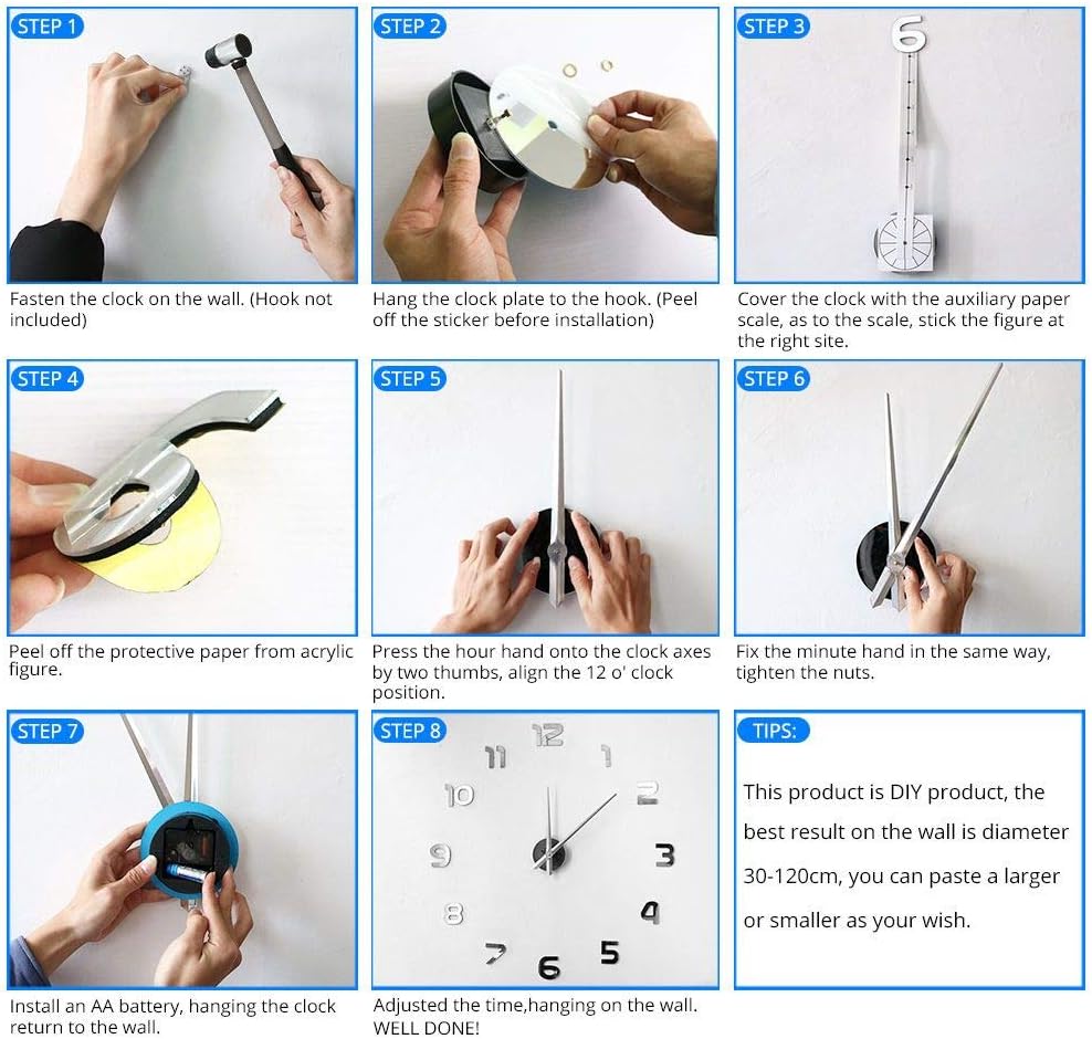 DIY Barbería Reloj de pared gigante con efecto espejo Barbería Toolkits Decorativo sin marco Reloj Peluquero Peluquero Arte de pared (dorado)