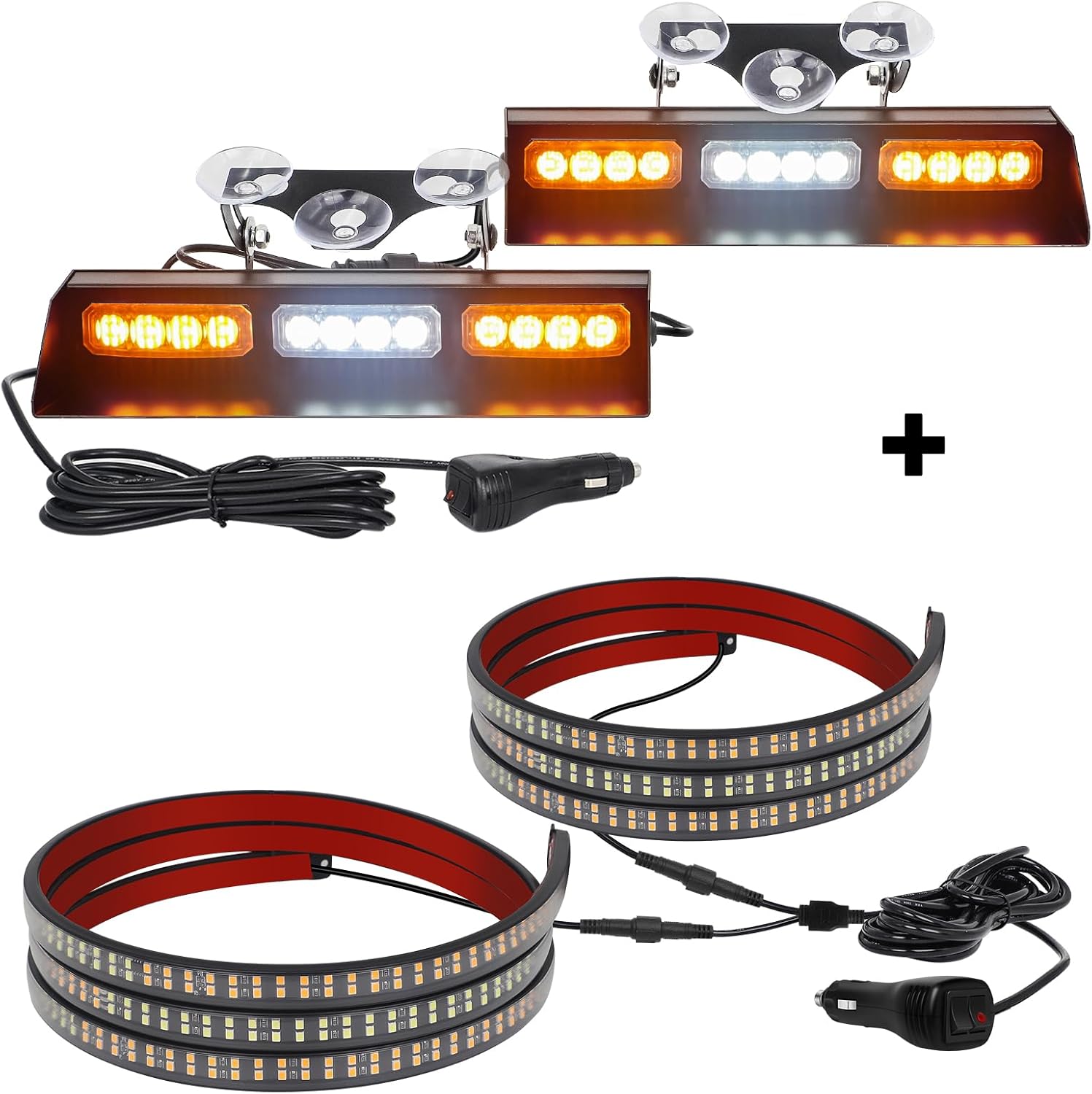 XRIDONSEN 2 tiras de luces estroboscópicas de emergencia de camión de 70 pulgadas y luces estroboscópicas de emergencia blanco ámbar para parabrisas