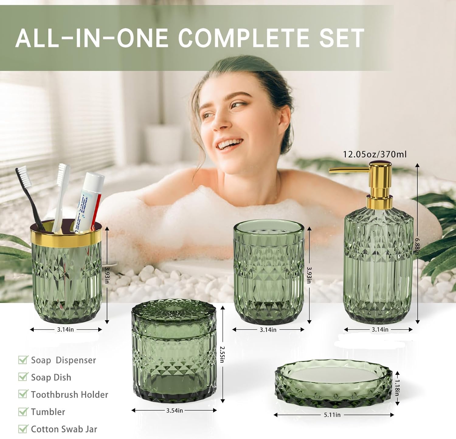 Juego de 5 accesorios de baño verde de alta calidad, moderno organizador de tocador de cristal para decoración de baño, dispensador de jabón de