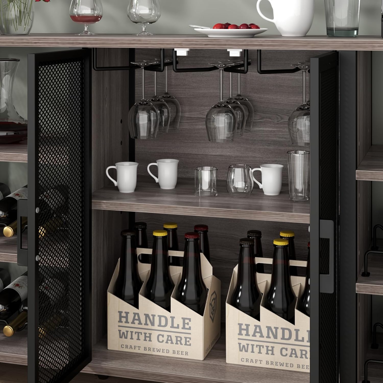 Gabinete de bar de vino, gabinete de barra de café industrial de 55 pulgadas con estante para vino y soporte para vasos, aparador de cocina con