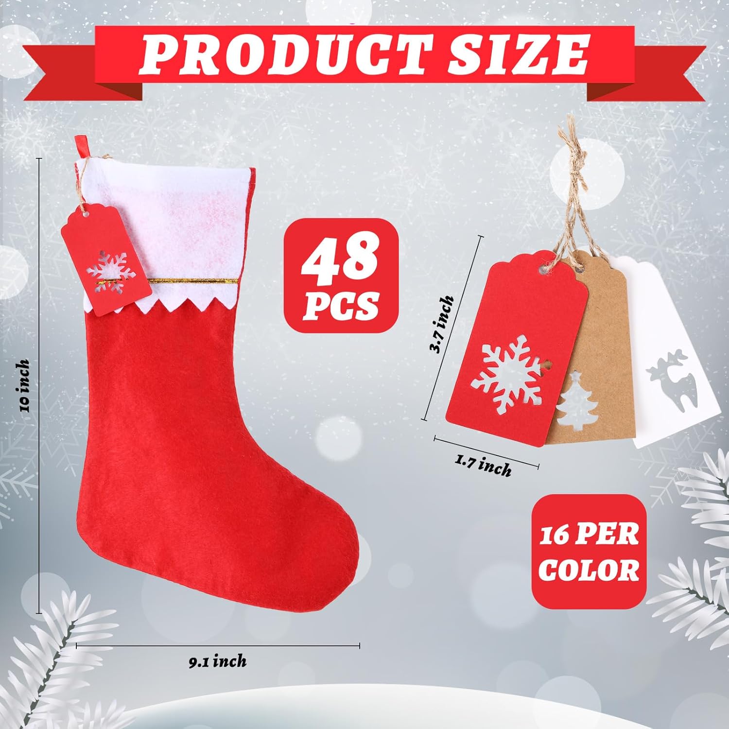 Paquete de 48 medias de Navidad no tejidas a granel de 10 pulgadas con etiqueta colgante de alce de copo de nieve (rojo, blanco)