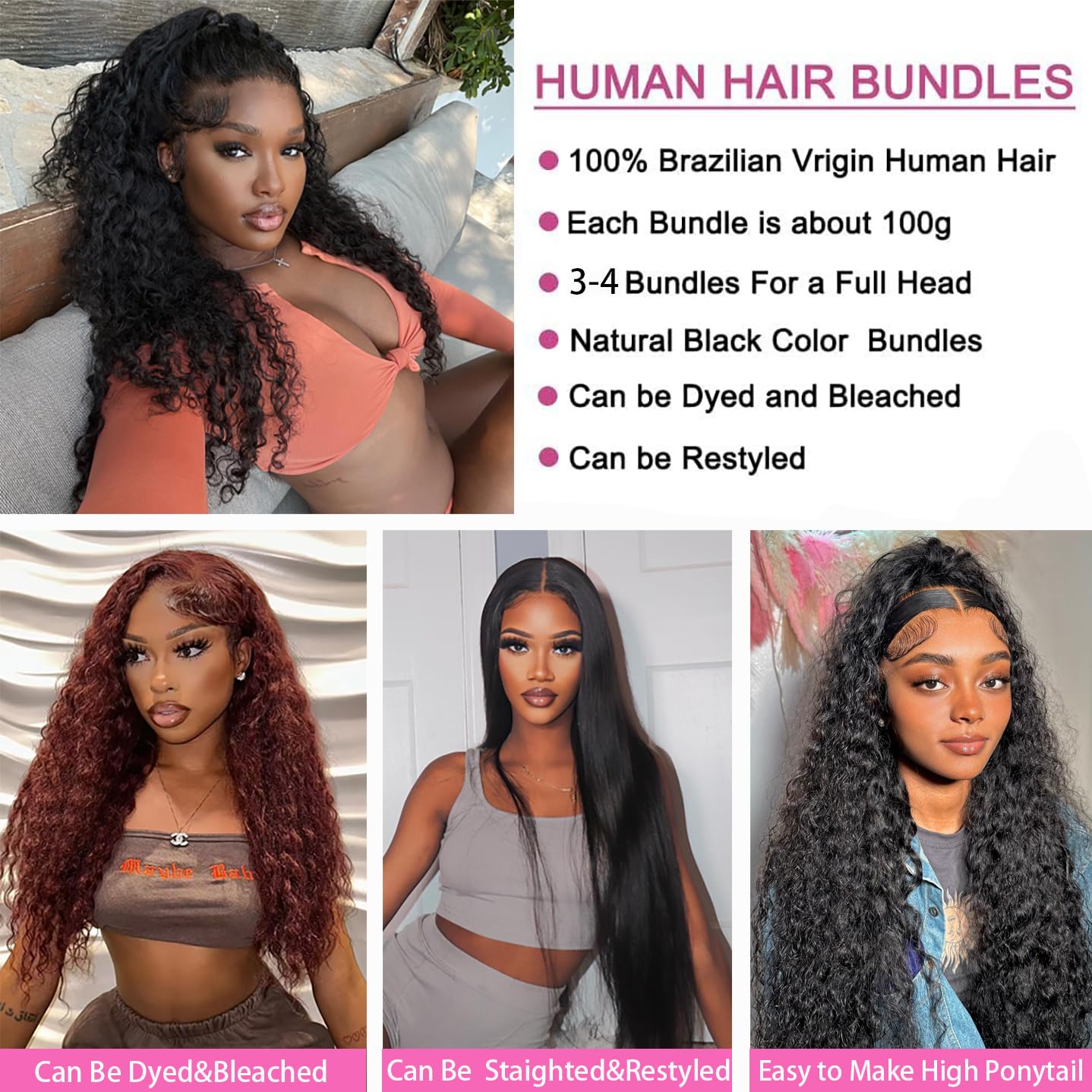 Releek Extensiones de cabello humano ondulado profundo, 3 paquetes de cabello humano ondulado brasileño ondulado de 18, 18, 18, 18 pulgadas, 100%
