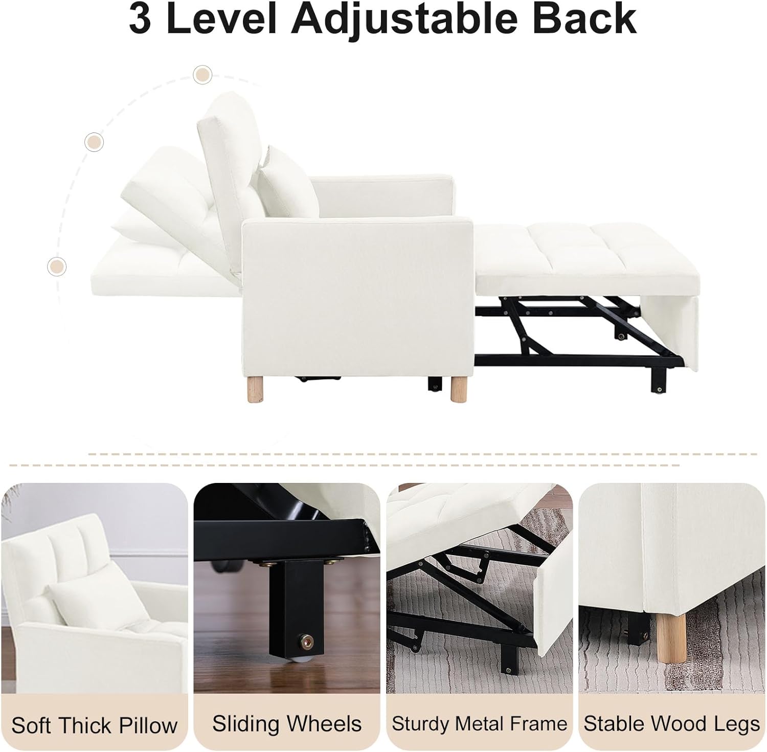 Silla convertible cama, silla convertible 3 en 1, sofá cama, sofá multifuncional con respaldo y bolsillo ajustables, silla extraíble para sala de