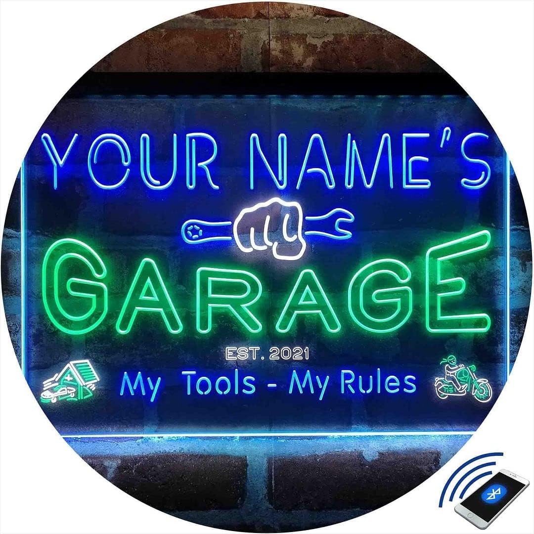 ADVPRO Letrero de luz de neón LED tricolor personalizado de garage, una decoración artística grabada en 3D  Personalizar nombre Fecha Texto Cita