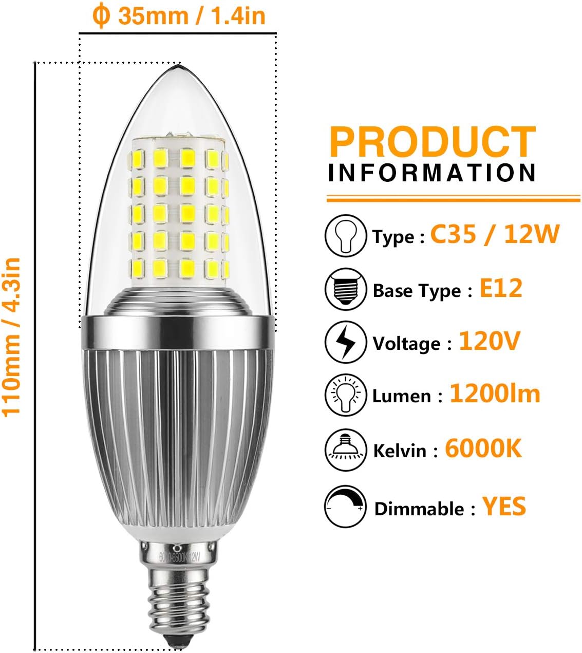Bombilla LED para candelabro, no regulable, equivalente a 100 vatios, bombillas LED de vela de 12 W, luz blanca diurna 6000 K, 120 V, 1200 lúmenes,