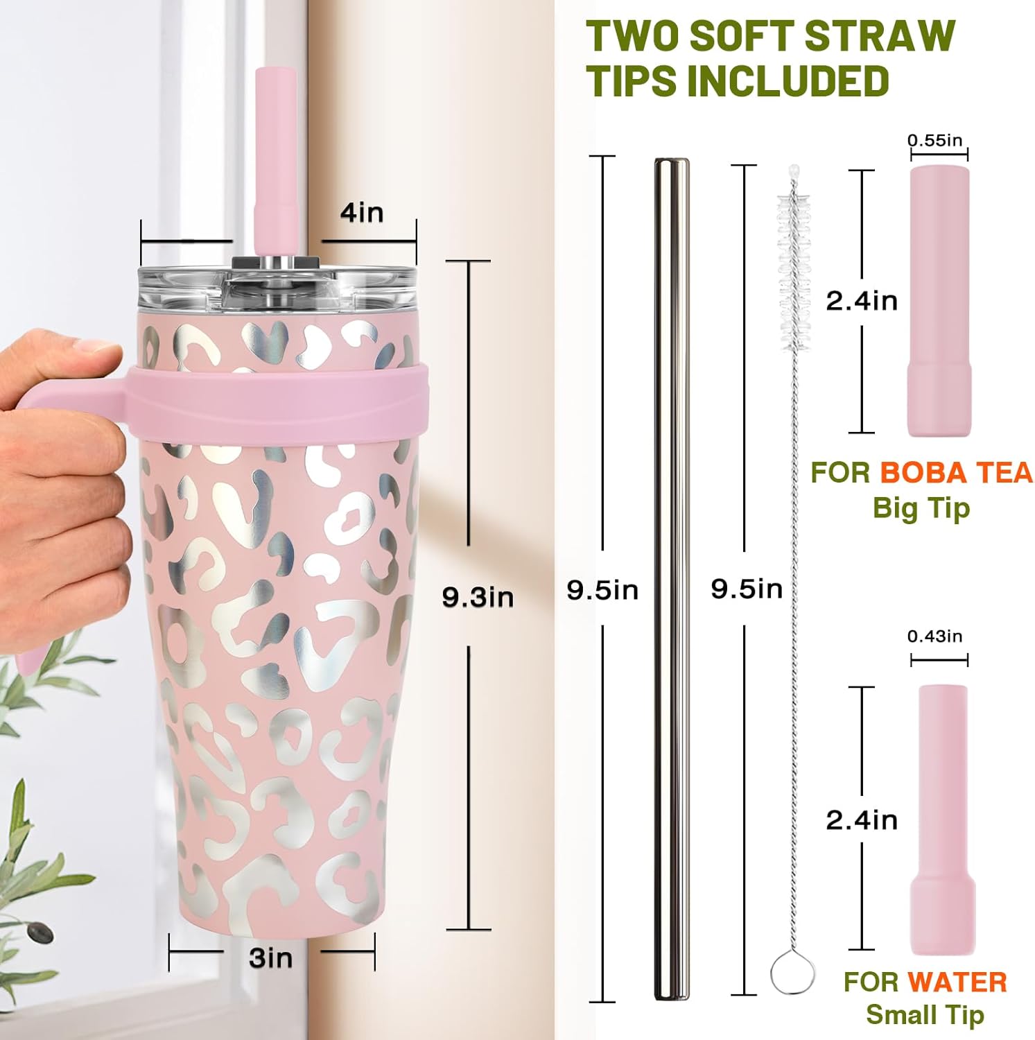 Zukro Vaso de 40 onzas con asa y popote, vaso aislado de acero inoxidable de doble pared con tapa abatible 2 en 1, 100% a prueba de fugas, mantiene