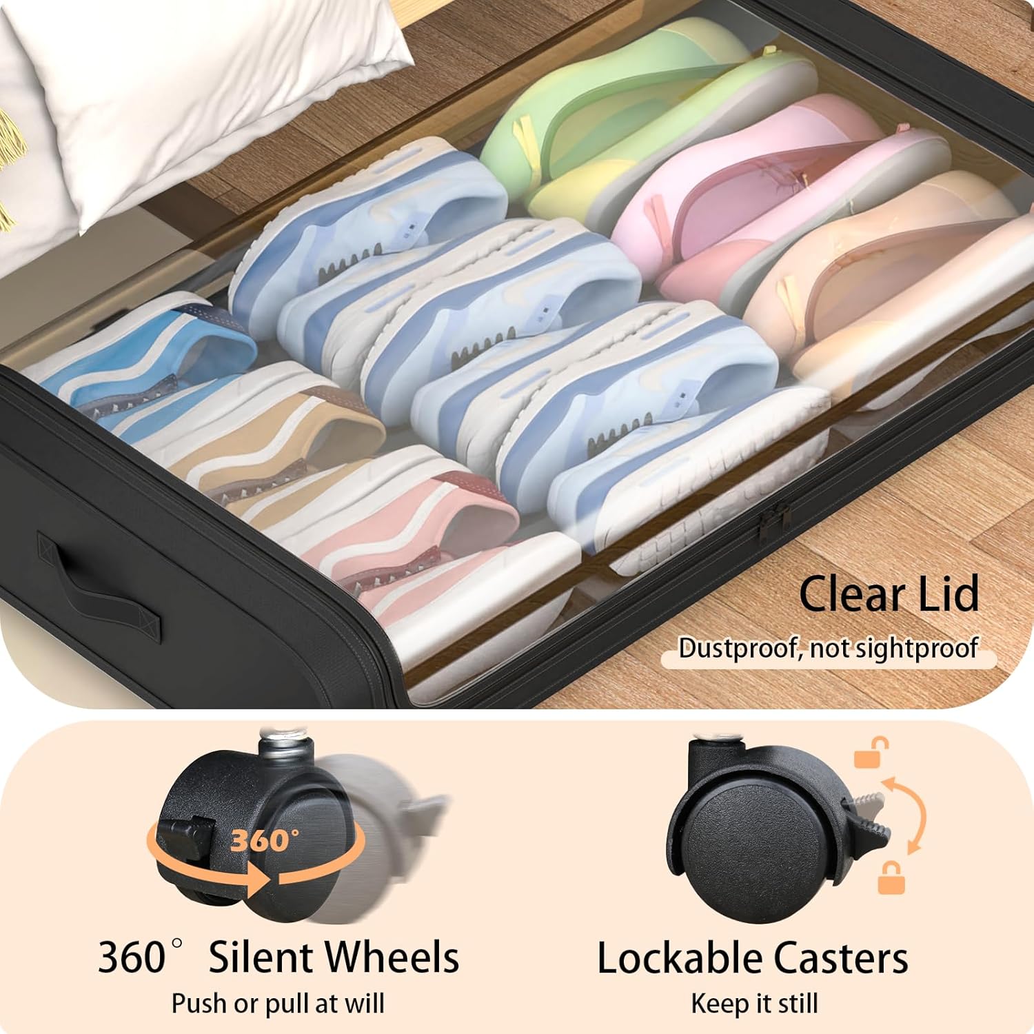 Cajón de almacenamiento debajo de la cama con ruedas y tapa, organizador grande de almacenamiento de zapatos debajo de la cama de 48 litros,