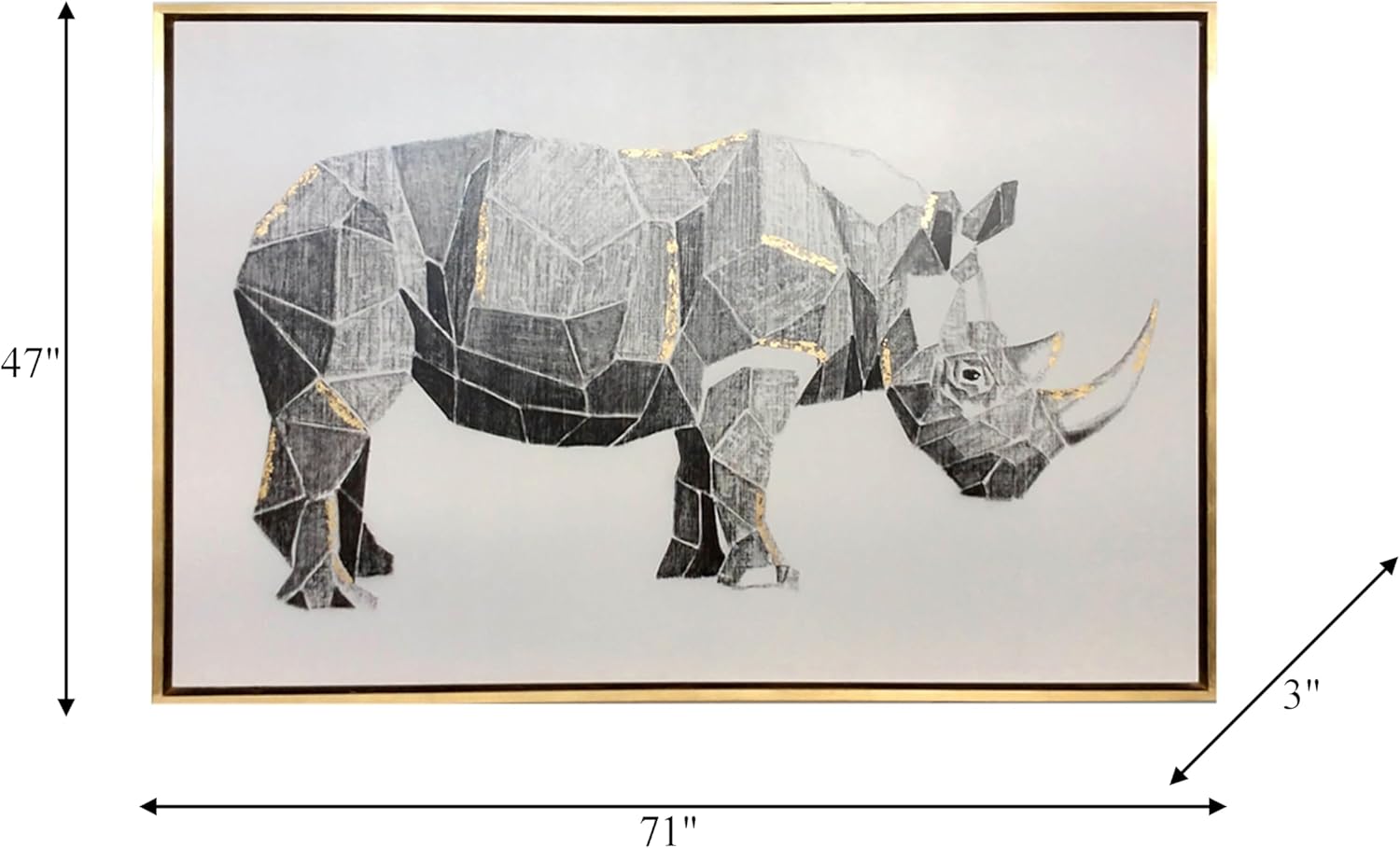 Sagebrook Home Geo Rhino Dibujo de carbón con hoja dorada, arte contemporáneo, gris y dorado, 71 pulgadas de ancho x 3 pulgadas de profundidad x 47