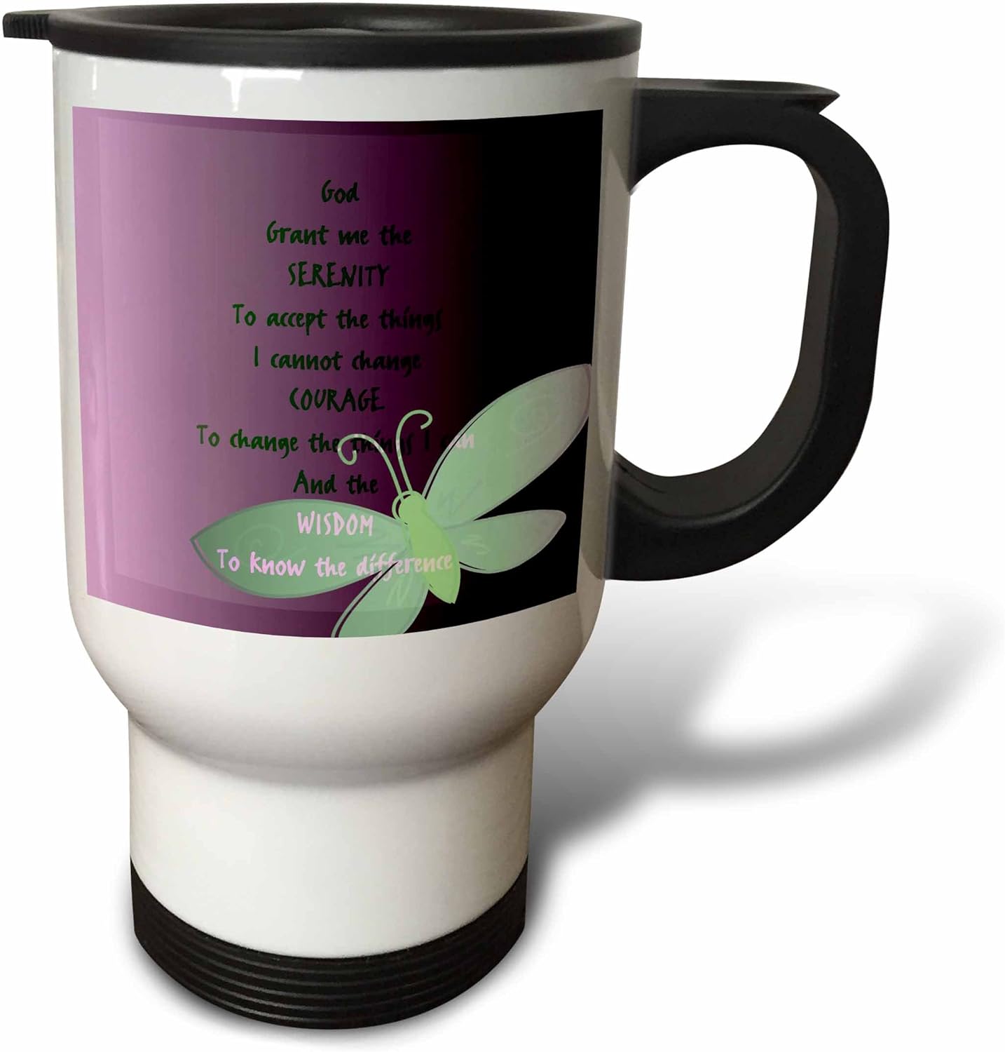 Patricia Sanders Inspirations Serenityprayer- mariposa púrpura arteTaza de viaje, Blanco