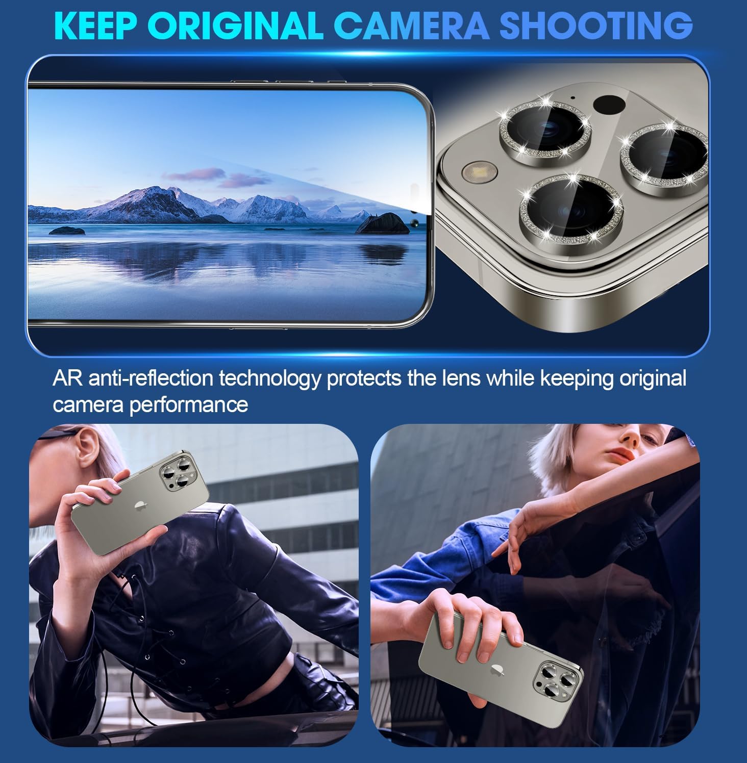 Xfilm Protector de lente de cámara para iPhone 15 Pro  15 Pro Max Bling, anillo de metal individual con purpurina de dureza 9H, protector a prueba