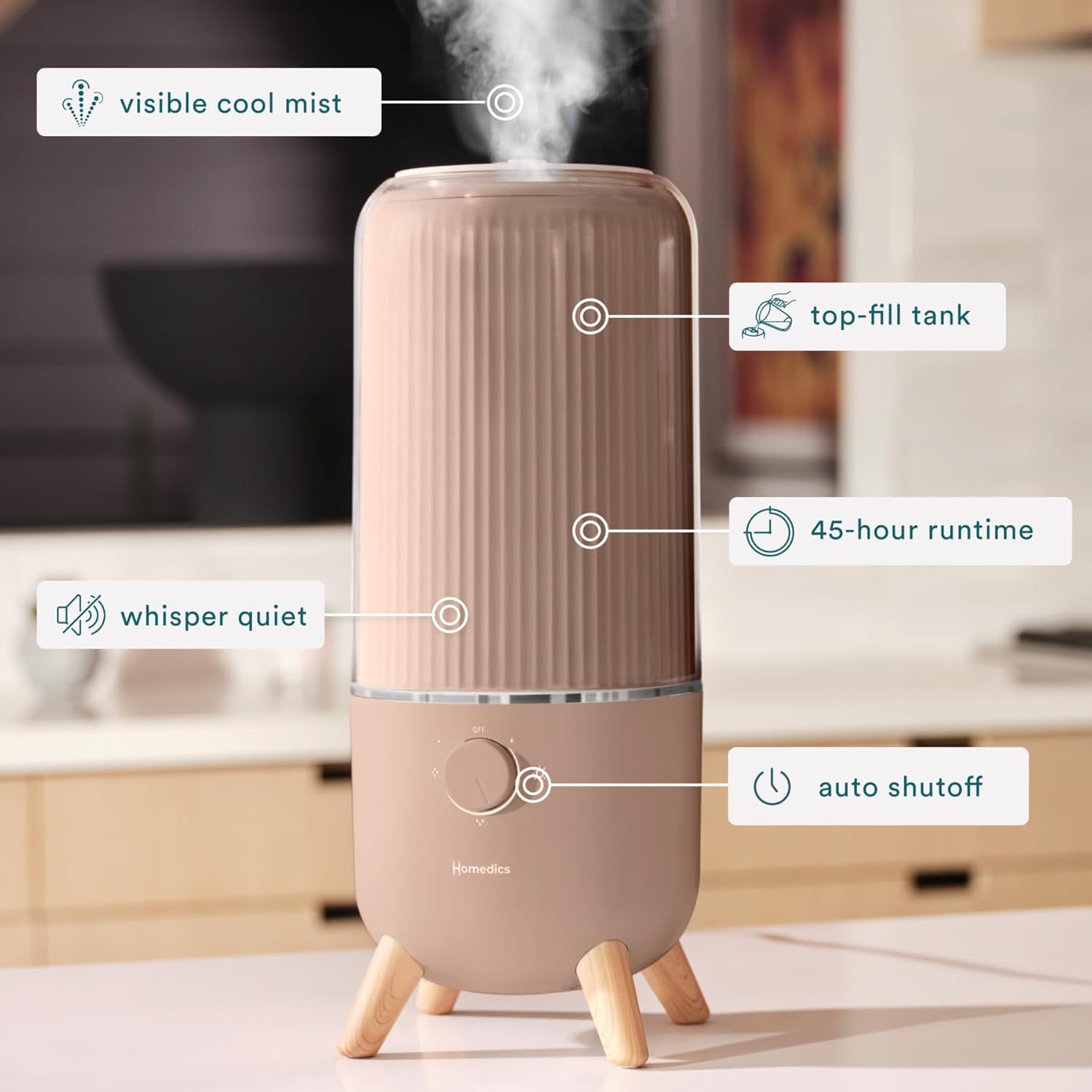 Homedics Humidificador ultrasónico, dormitorios y oficinas en casa, tanque de 0.97 galones, tiempo de funcionamiento de 45 horas, niebla fría