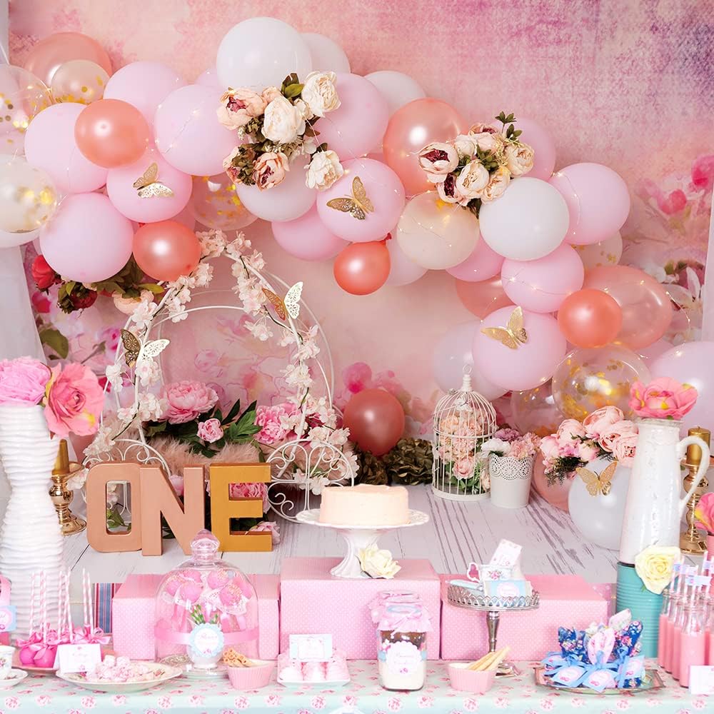 Bellicremas Mariposas Oro Rosa Primer Cumpleaños Fotografía Fondo Princesa Tema Flores Rosa Carruaje Niñas 1er Cumpleaños Fondo de Un Año Antiguo