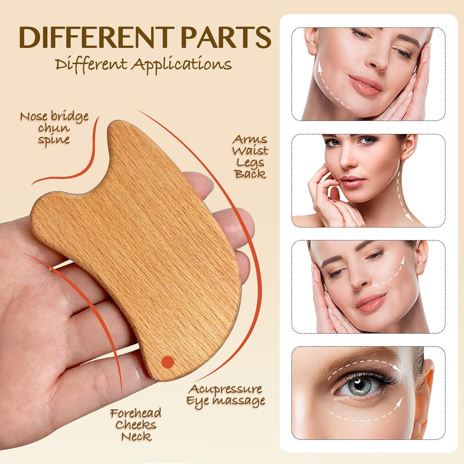 Wooden Gua Sha Massage Tool Set with Handle, (Smooth) Guasha Scraping Massager with Handle for Neck Back Face Leg, Facial Sculpting Anti Cellulite