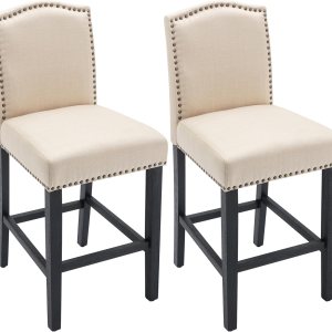 Juego de 2 taburetes de bar, sillas de mostrador con ribete de remache, taburetes de bar tapizados para isla de cocina con acogedor asiento de 26 Juego de 2 taburetes de bar, sillas de mostrador con ribete de remache, taburetes de bar tapizados para isla de cocina con acogedor asiento de 26