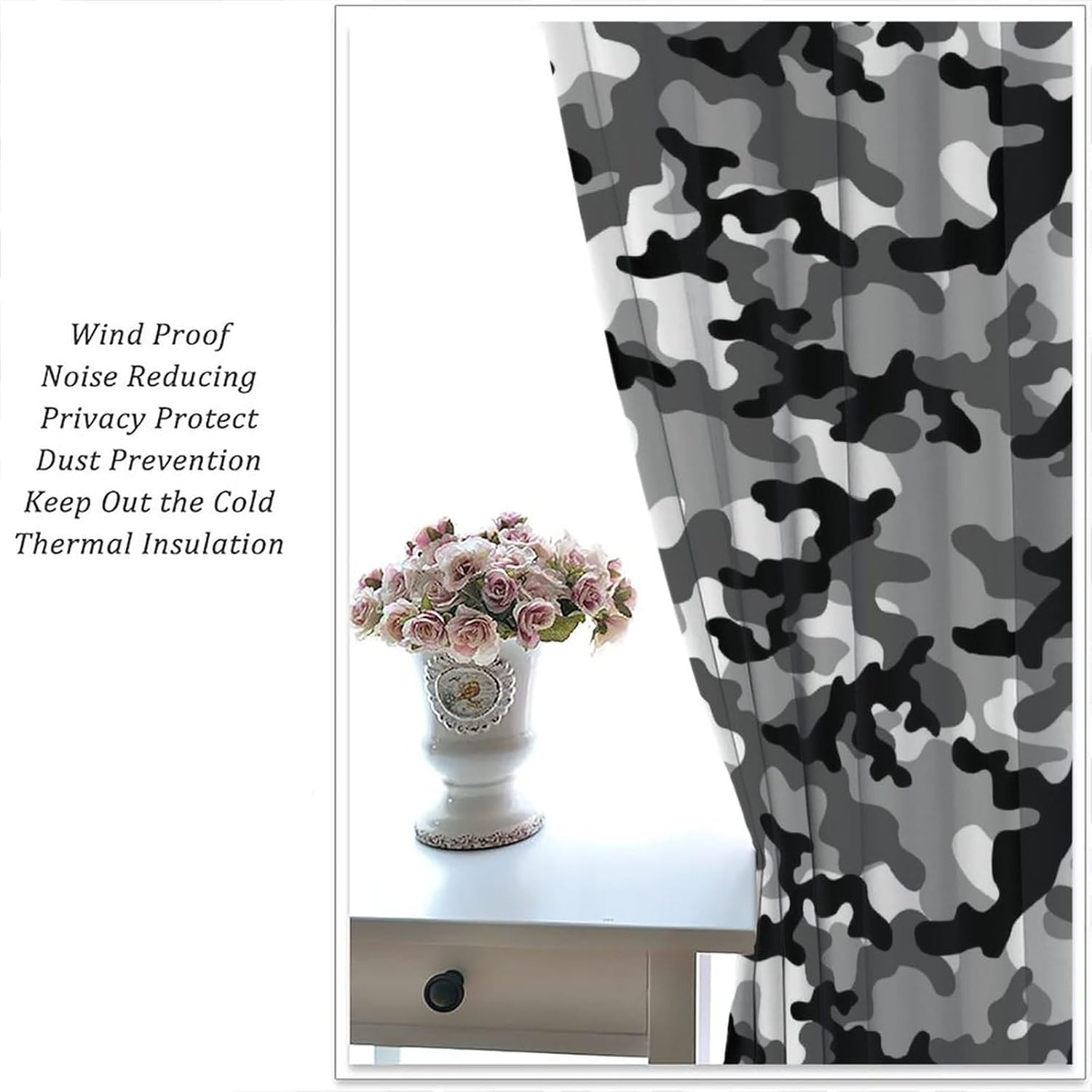 Cortinas de camuflaje gris militar, arte de camuflaje negro, blanco, gris, cortinas opacas con bolsillo para barra, para dormitorio, sala de estar,