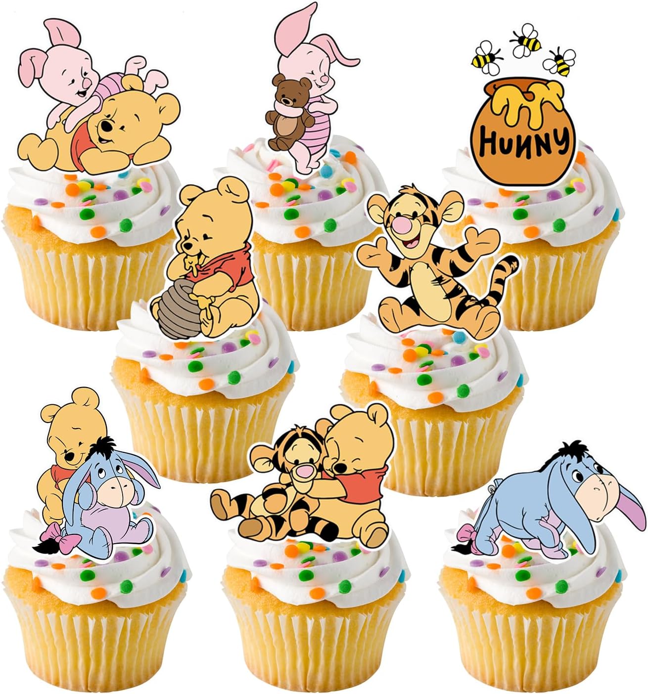 48CS Winnie Cupcake Toppers para fiesta de cumpleaños, decoración de cupcakes, decoración de baby shower